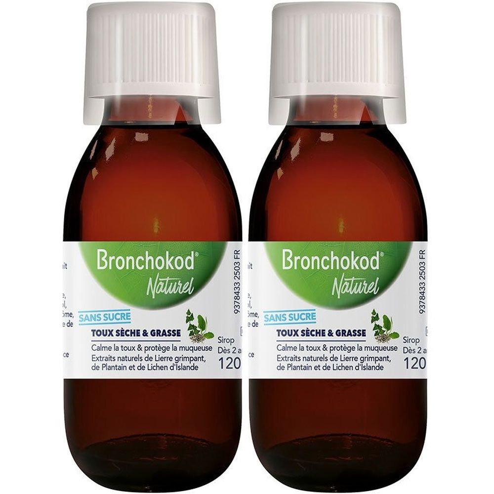 Deux flacons de sirop. Liquide brun dans des bouteilles en verre avec des bouchons blancs. Étiquette avec nom et texte du produit.