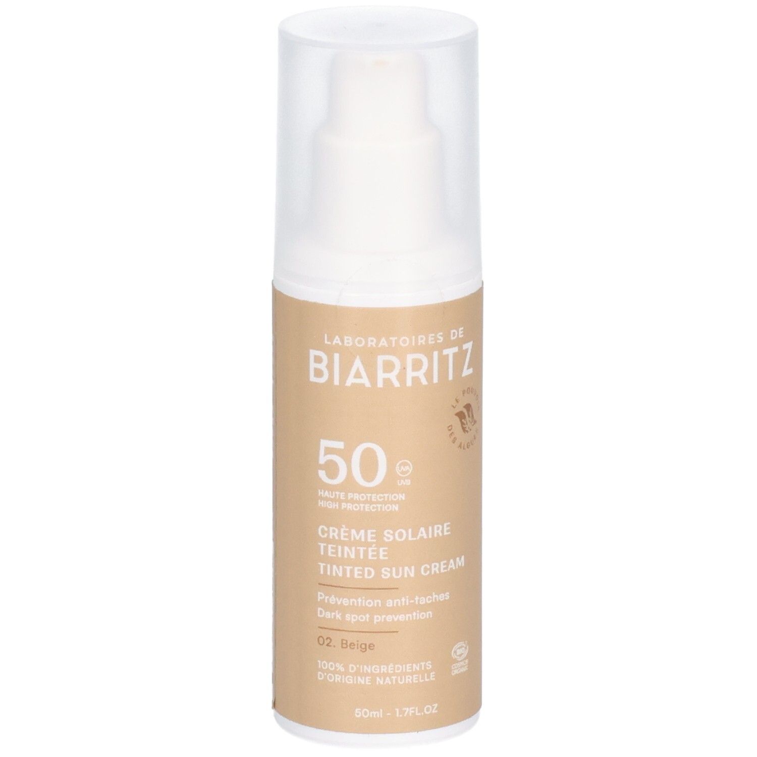 Beige getinte zonnecrèmefles met pomp. Opschrift: Laboratoires de Biarritz, SPF 50, Crème Solaire Teintée, 02 Beige.