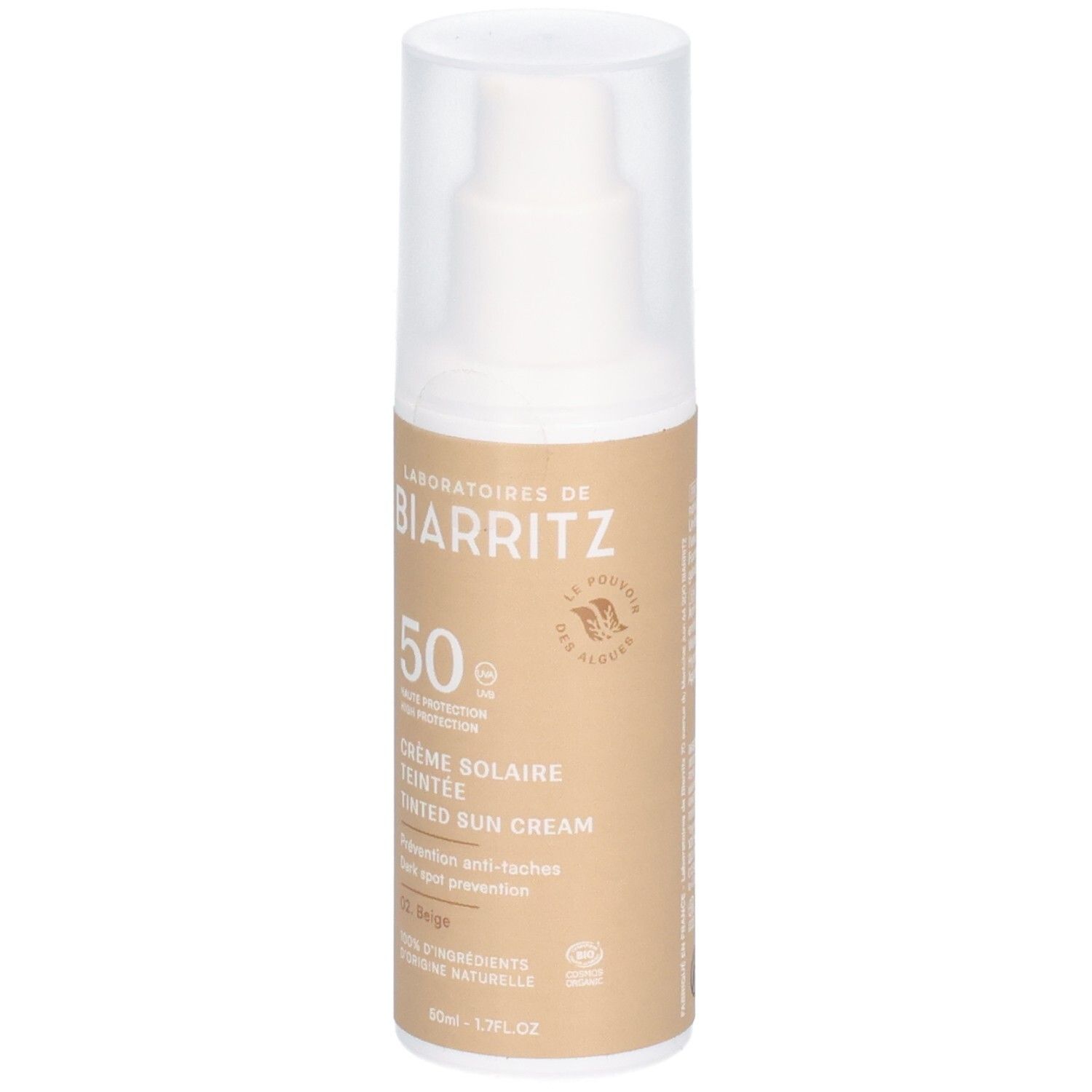 Beige getinte zonnecrèmefles met pomp. Opschrift: Laboratoires de Biarritz, SPF 50, Crème Solaire Teintée, 02 Beige.