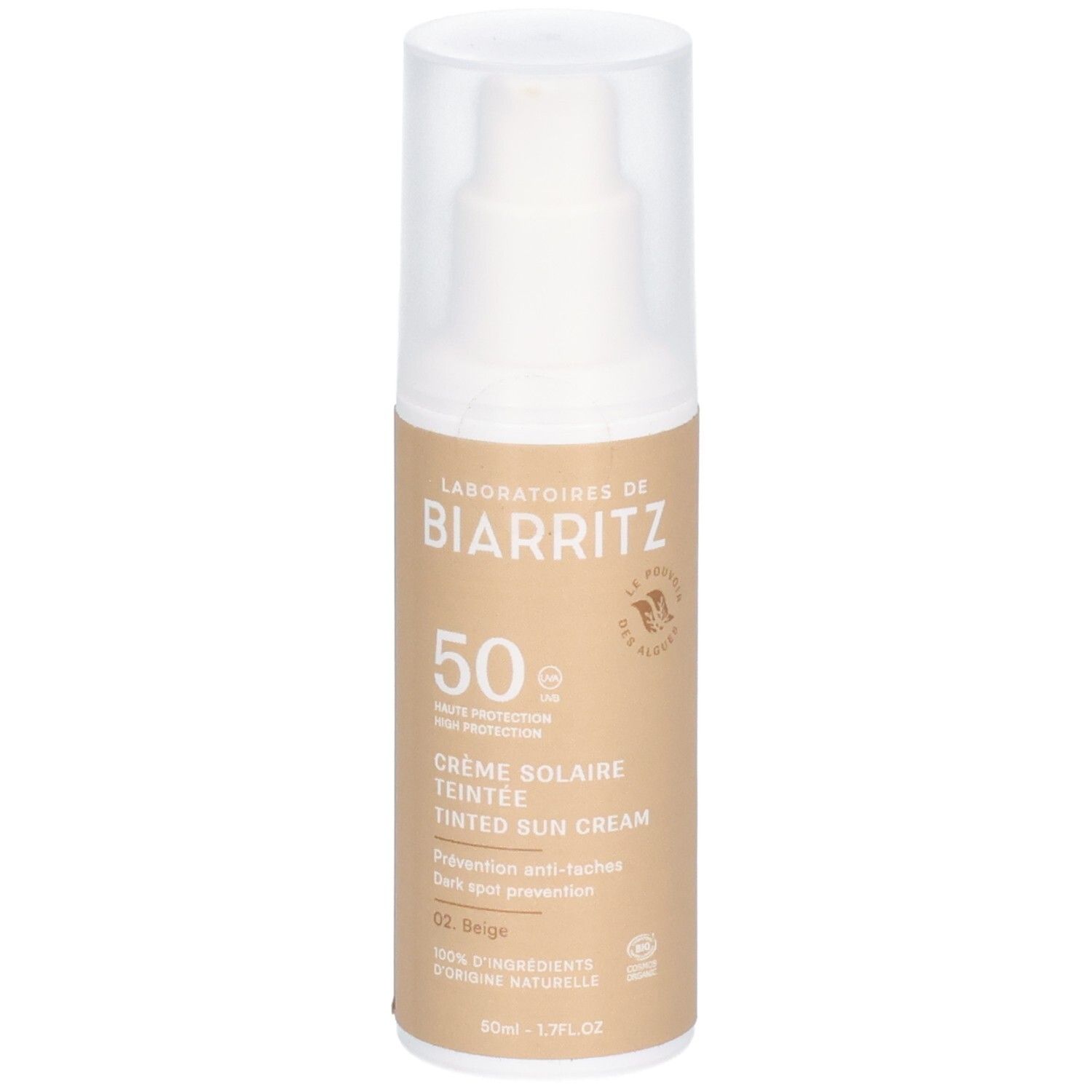 Beige getinte zonnecrèmefles met pomp. Opschrift: Laboratoires de Biarritz, SPF 50, Crème Solaire Teintée, 02 Beige.