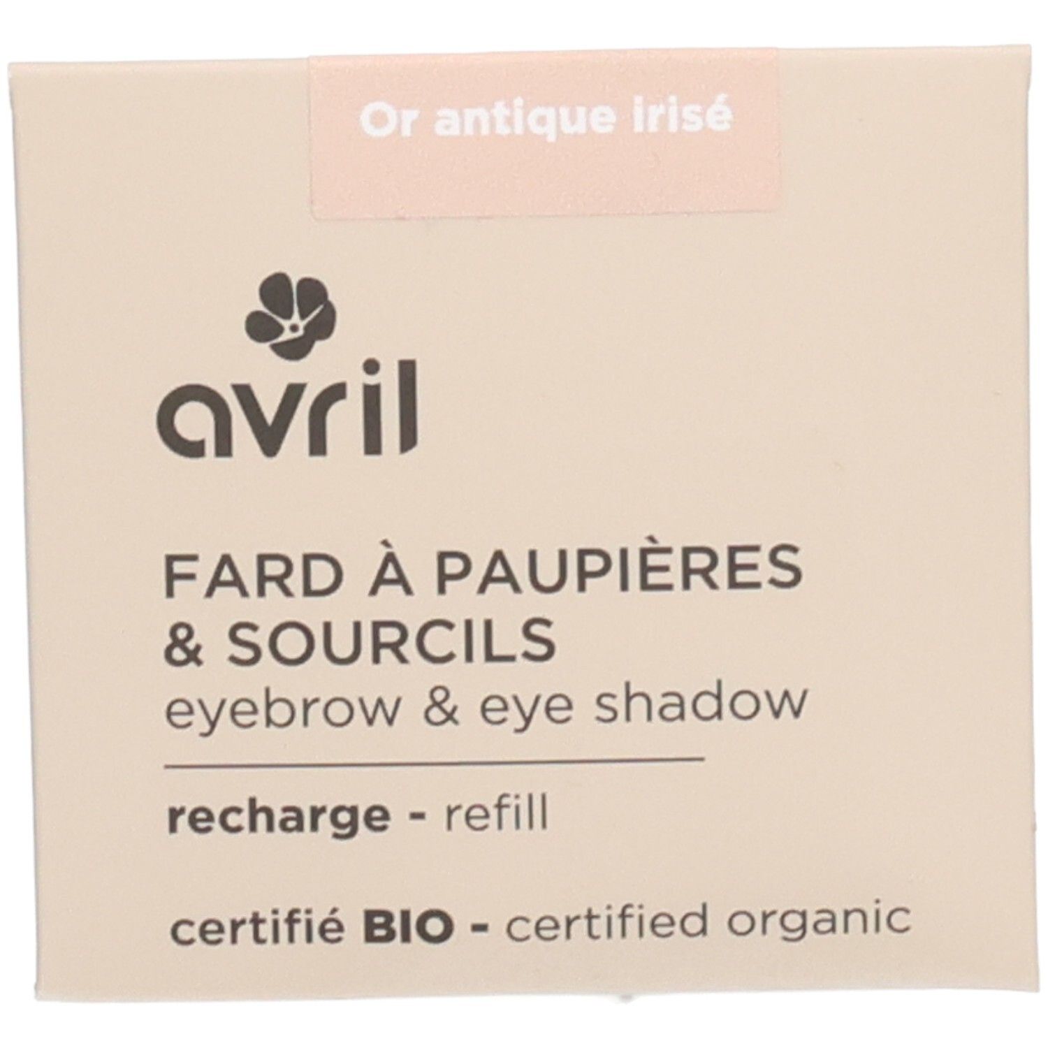 Vierkante beige navulling. Tekst: "Or antique irisé", "avril" logo, "Fard à paupières & sourcils". "certifié BIO".