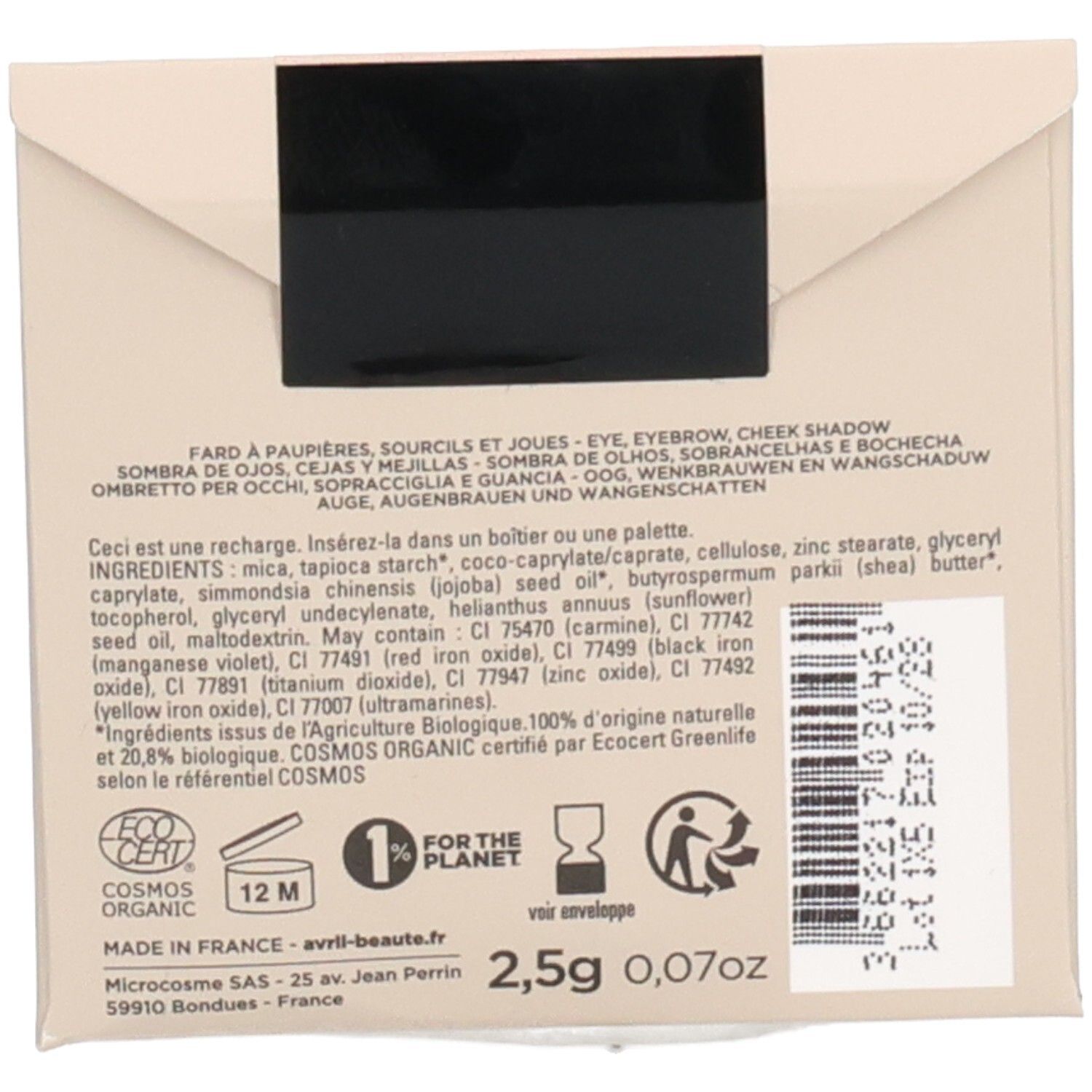 Achterkant navulling. Ingrediënten, "COSMOS ORGANIC" certificering, 2,5g, 0,07oz. Recycling symbolen.