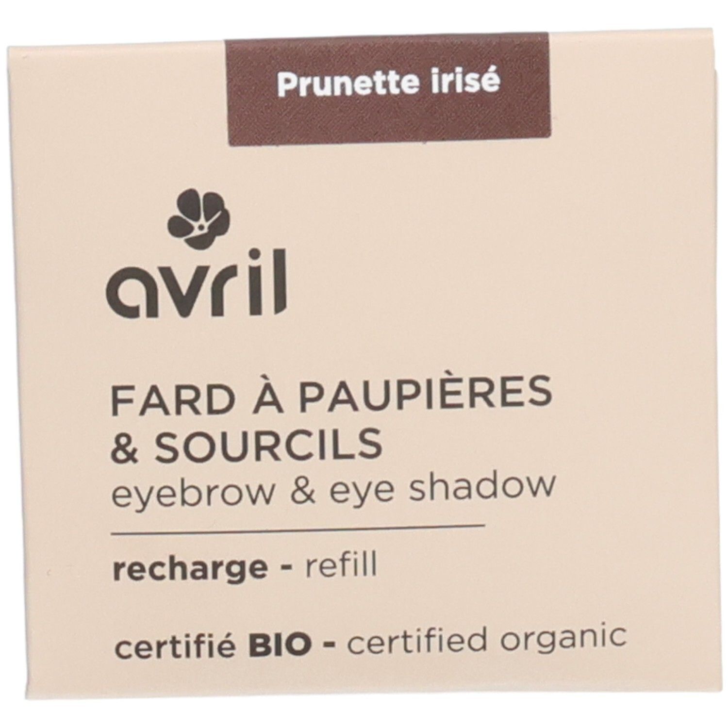 Vierkante navulling voor oogschaduw & wenkbrauwen. Met tekst: "Prunette irisé" en "avril". Gecertificeerd BIO.
