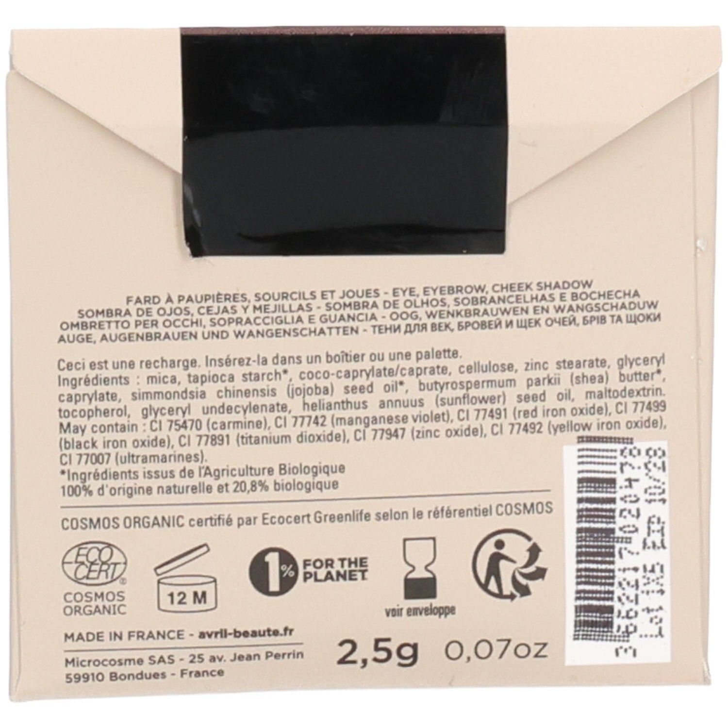 Achterkant van de navulling. Bevat ingrediënten, certificeringen en informatie. Gewicht: 2,5g/0,07oz. COSMOS ORGANIC.