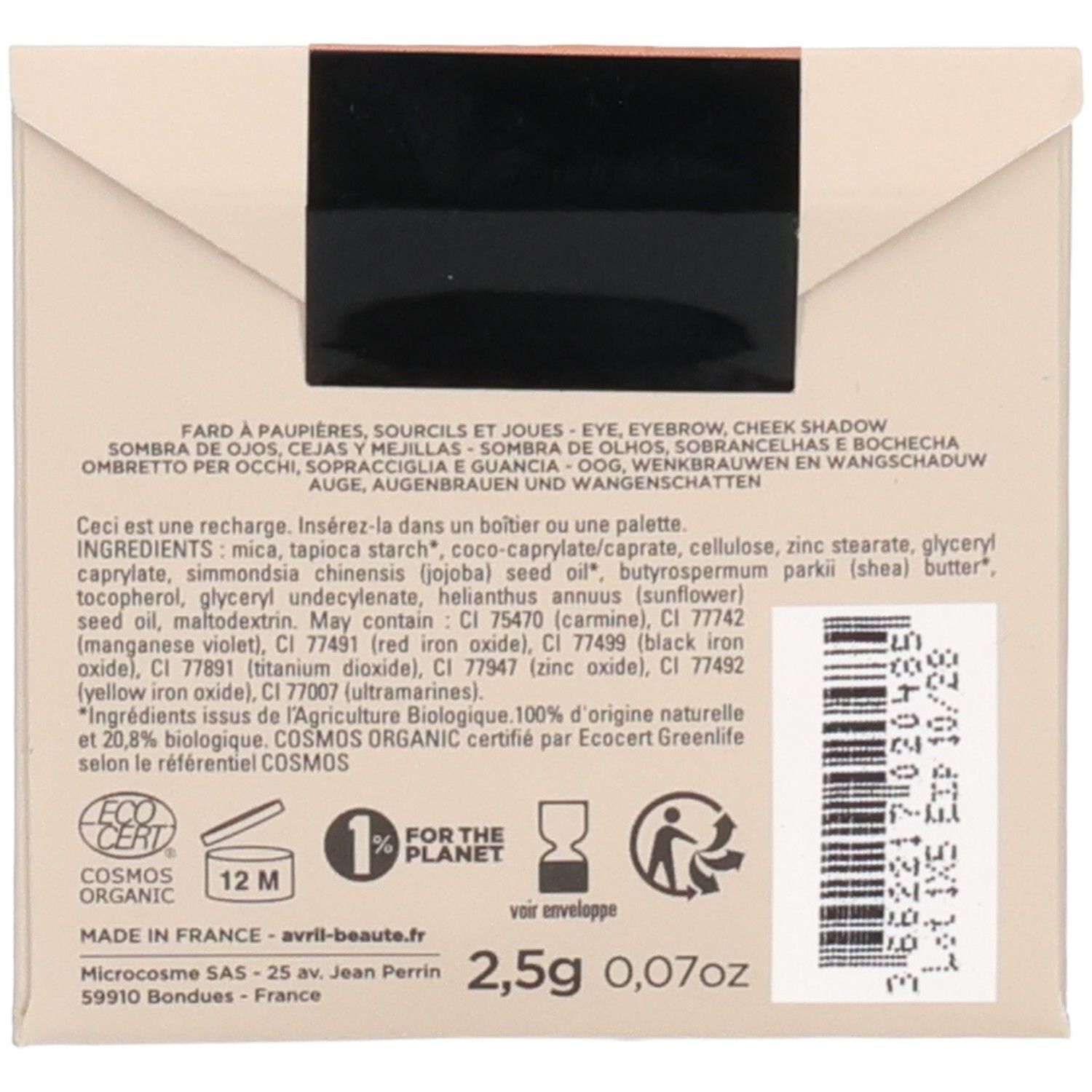 Achterkant van de navulling. Tekst met ingrediënten, ECOCERT-logo, 12M-symbool, recyclingsymbool, gewichtsindicatie 2,5g.
