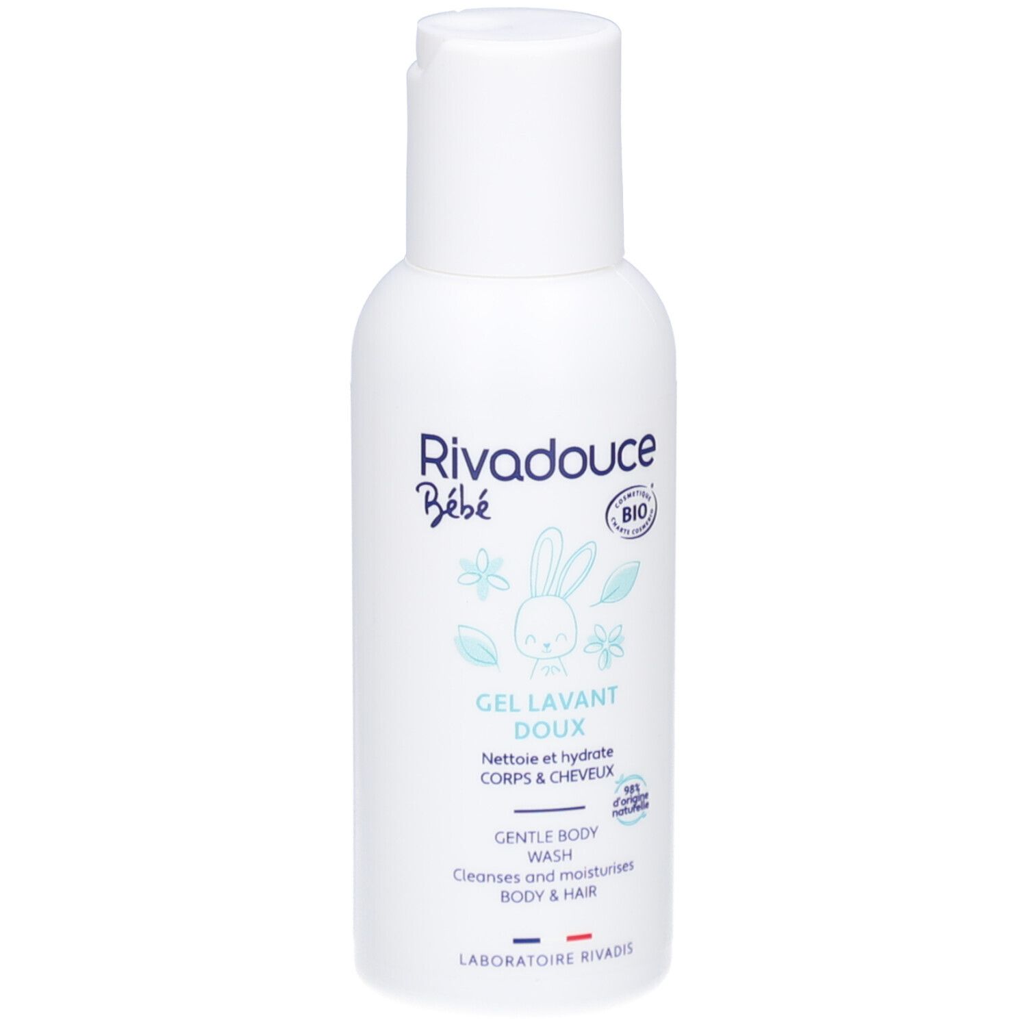 Flacon blanc avec bouchon rabattable. Inscriptions: Rivadouce Bébé, Gel Lavant Doux, label BIO. Contient illustrations et texte.