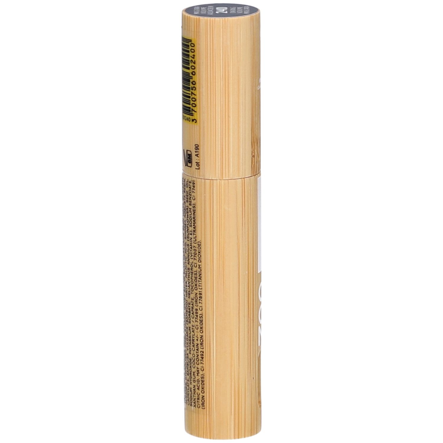 Tube de mascara cylindrique en bambou. Code-barres et texte sur le côté. Logo Vegan.
