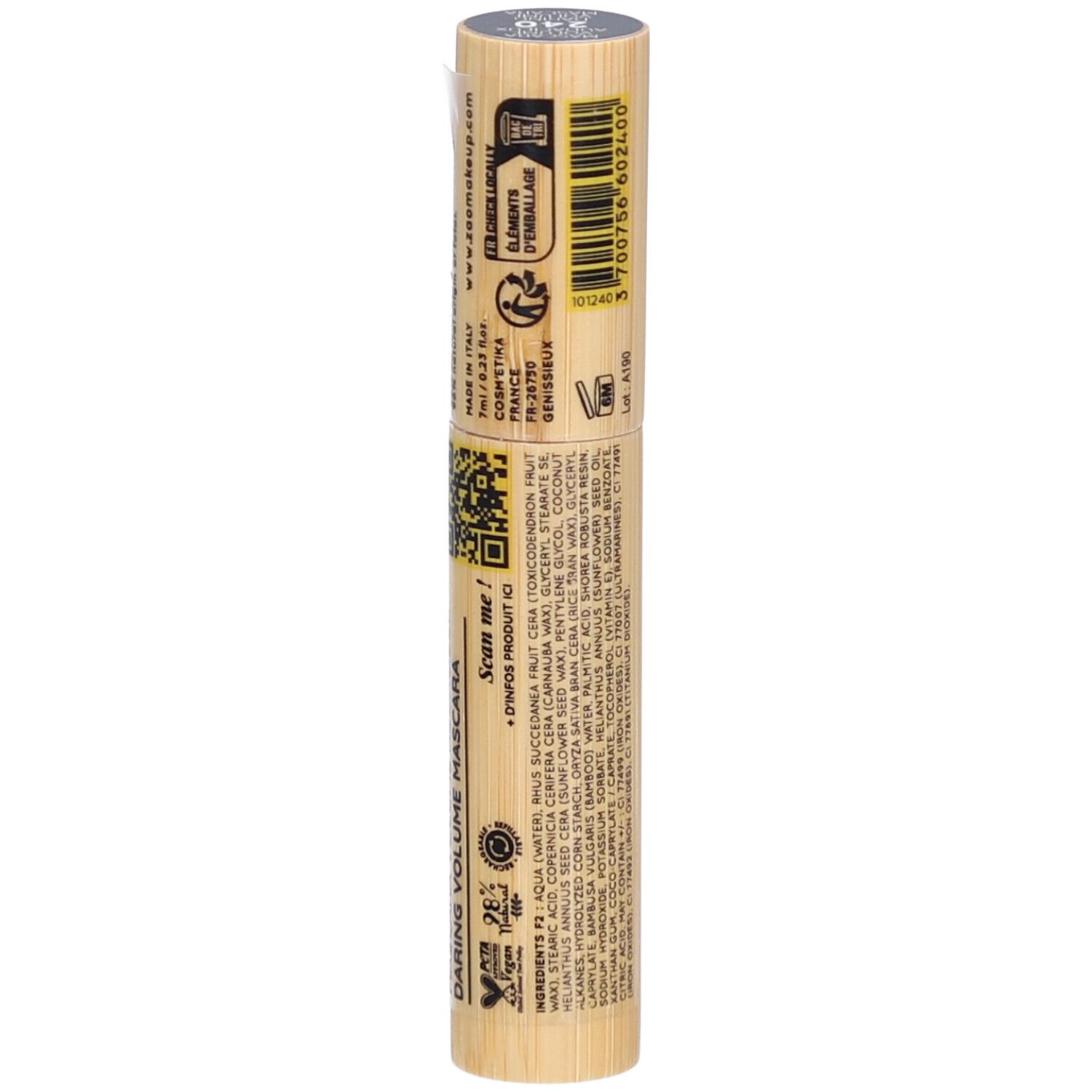 Tube de mascara cylindrique en bambou. Code QR, texte et code-barres. Logo Vegan.