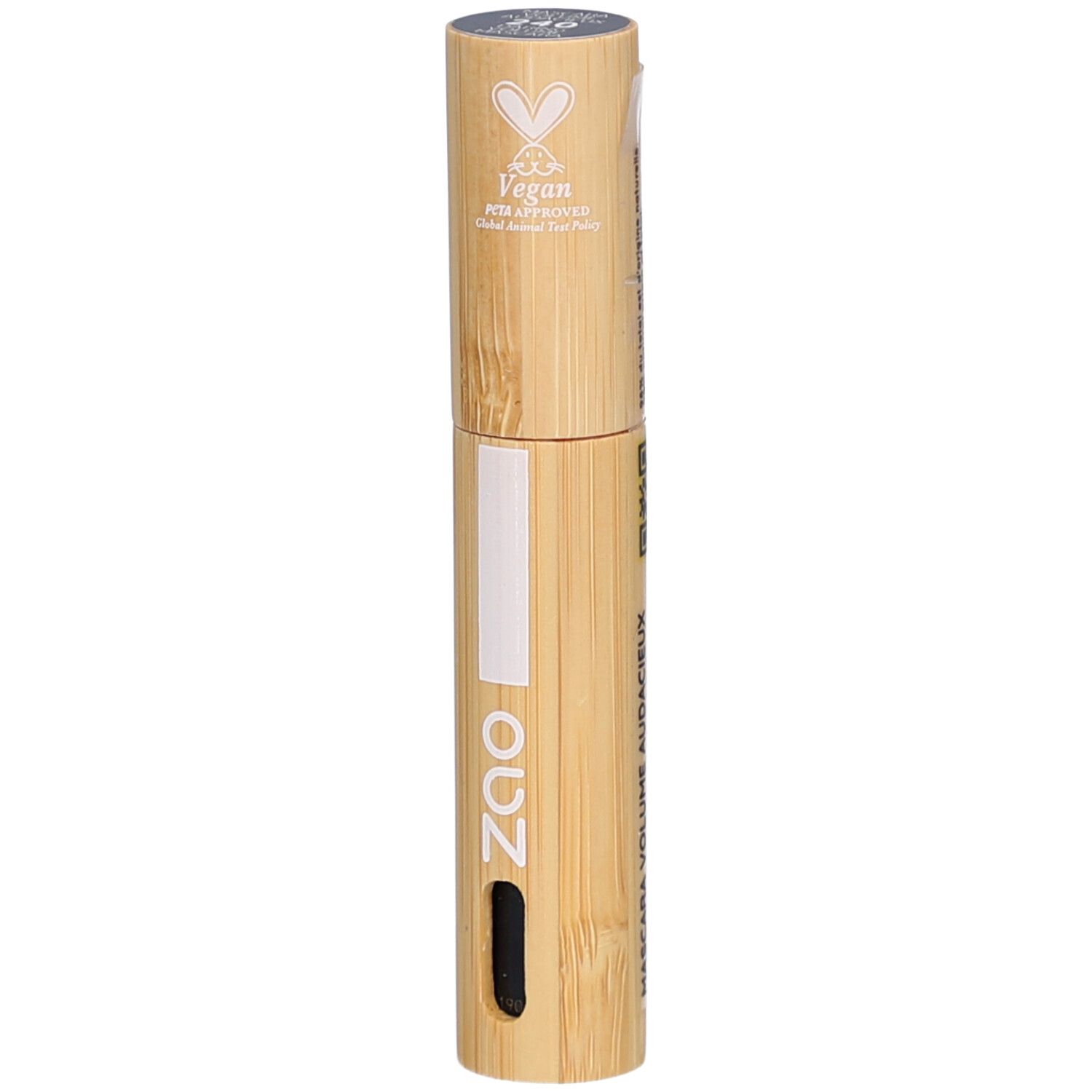 Tube de mascara cylindrique en bambou, bande blanche, applicateur noir. Logo Vegan.