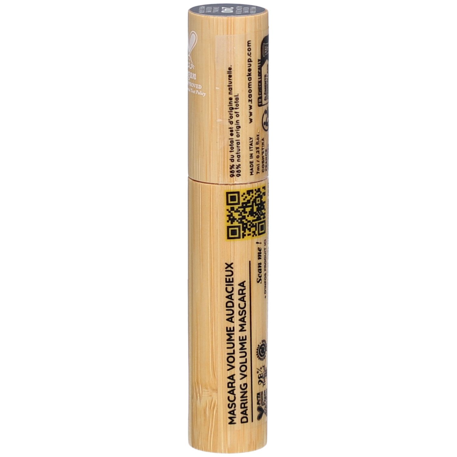 Tube de mascara en bambou. Texte: Mascara Volume Audacieux, Daring Volume Mascara. Logo Vegan.