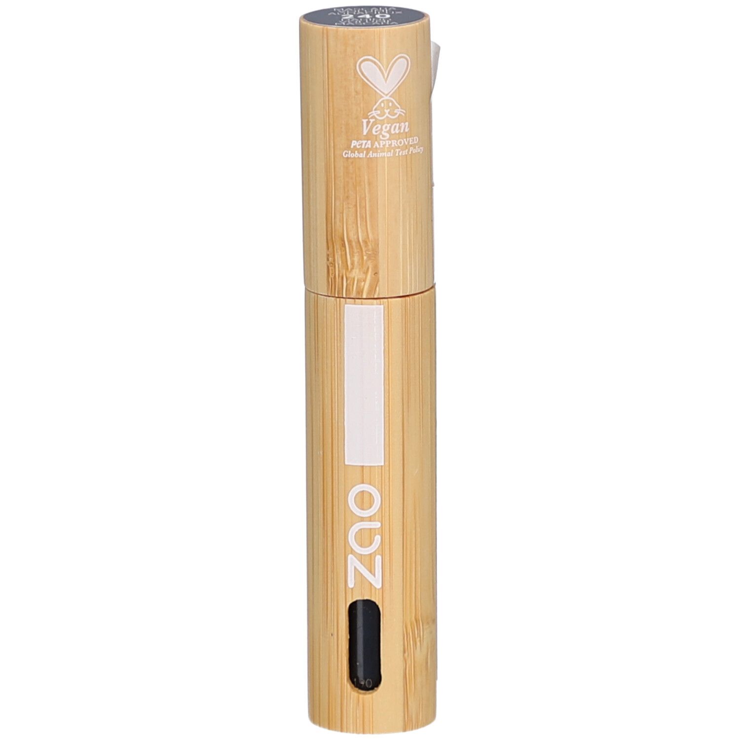 Tube de mascara cylindrique en bambou, bande blanche, applicateur noir. Logo Vegan.