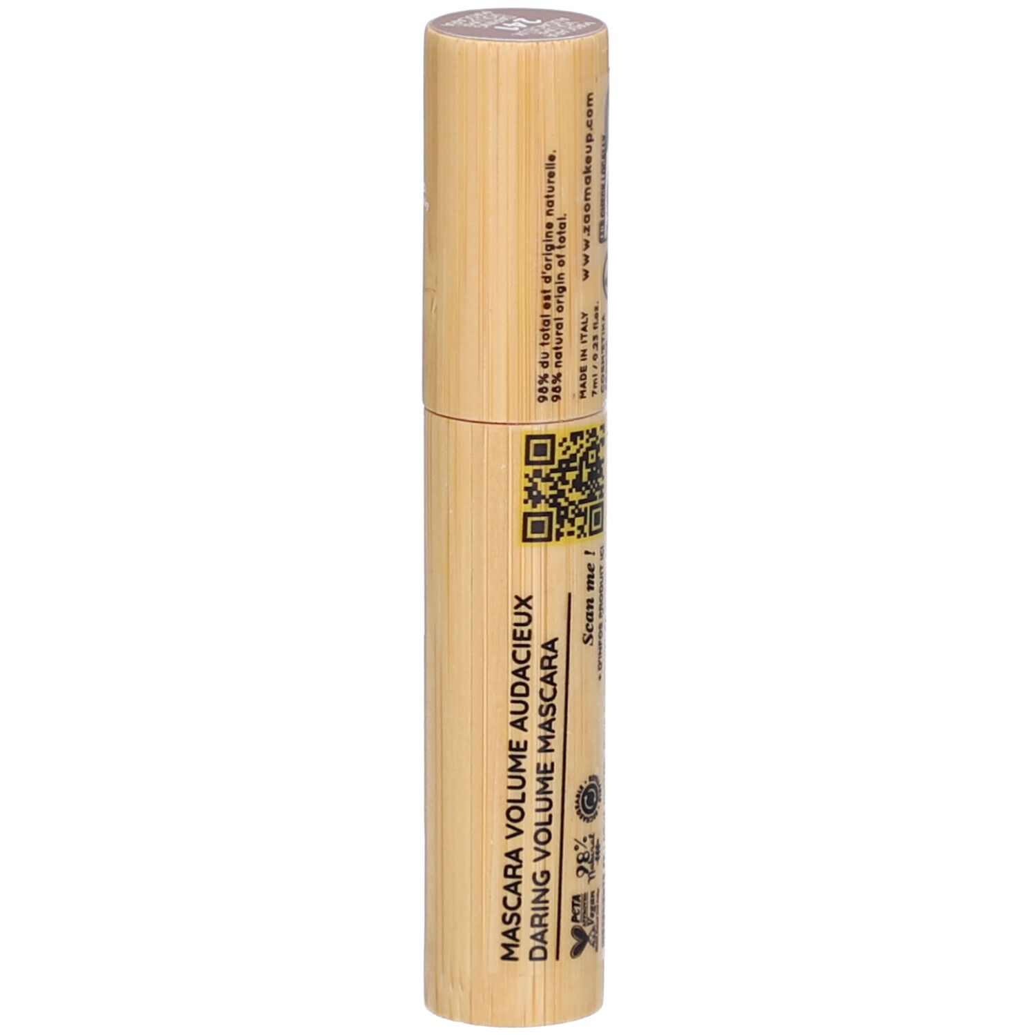 Cilindrische mascarahuls van bamboe. QR-code en tekst. Veganistisch logo. Bamboe textuur. Opschrift: ZAO. DARING VOLUME MASCARA.
