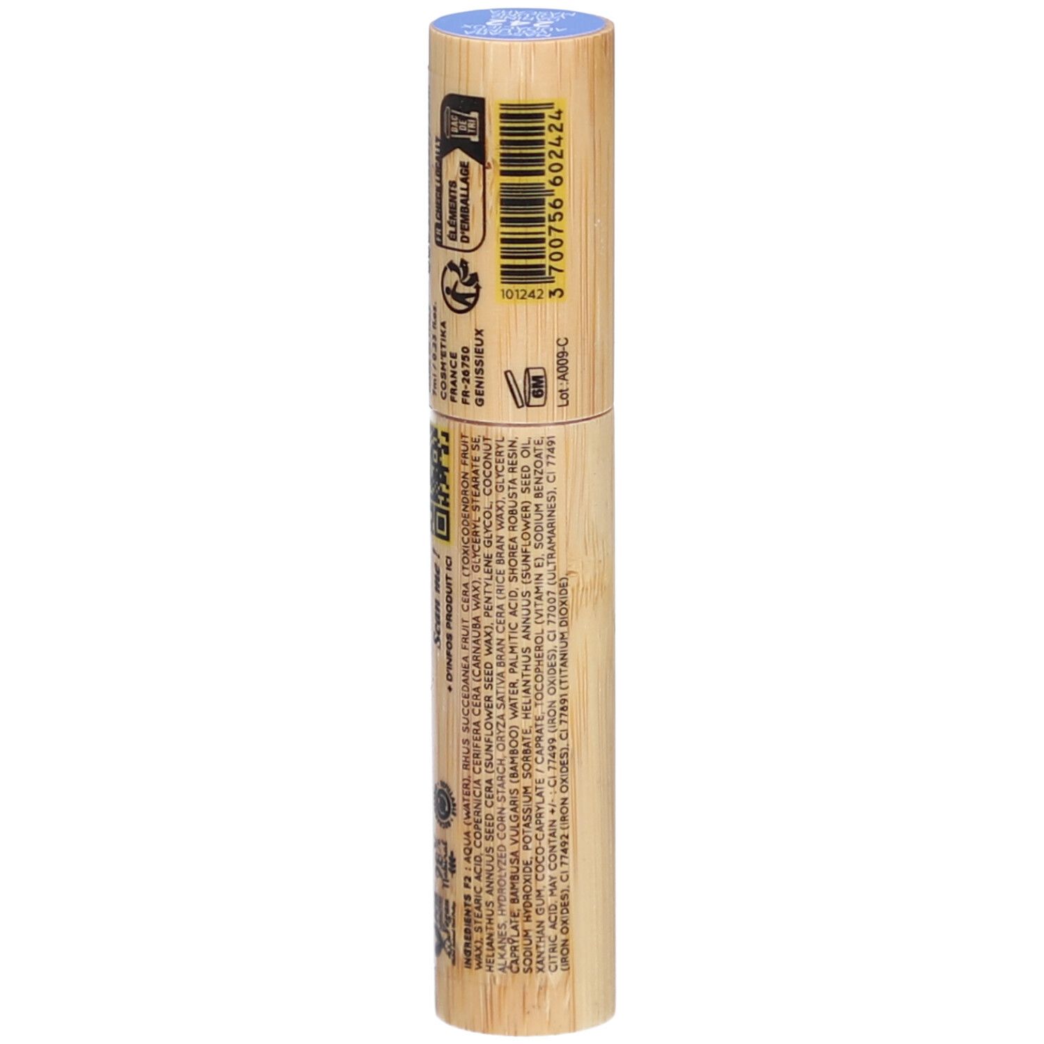 Cilindrische mascarahuls van bamboe. Tekst en barcode op de huls. Blauwe dop.