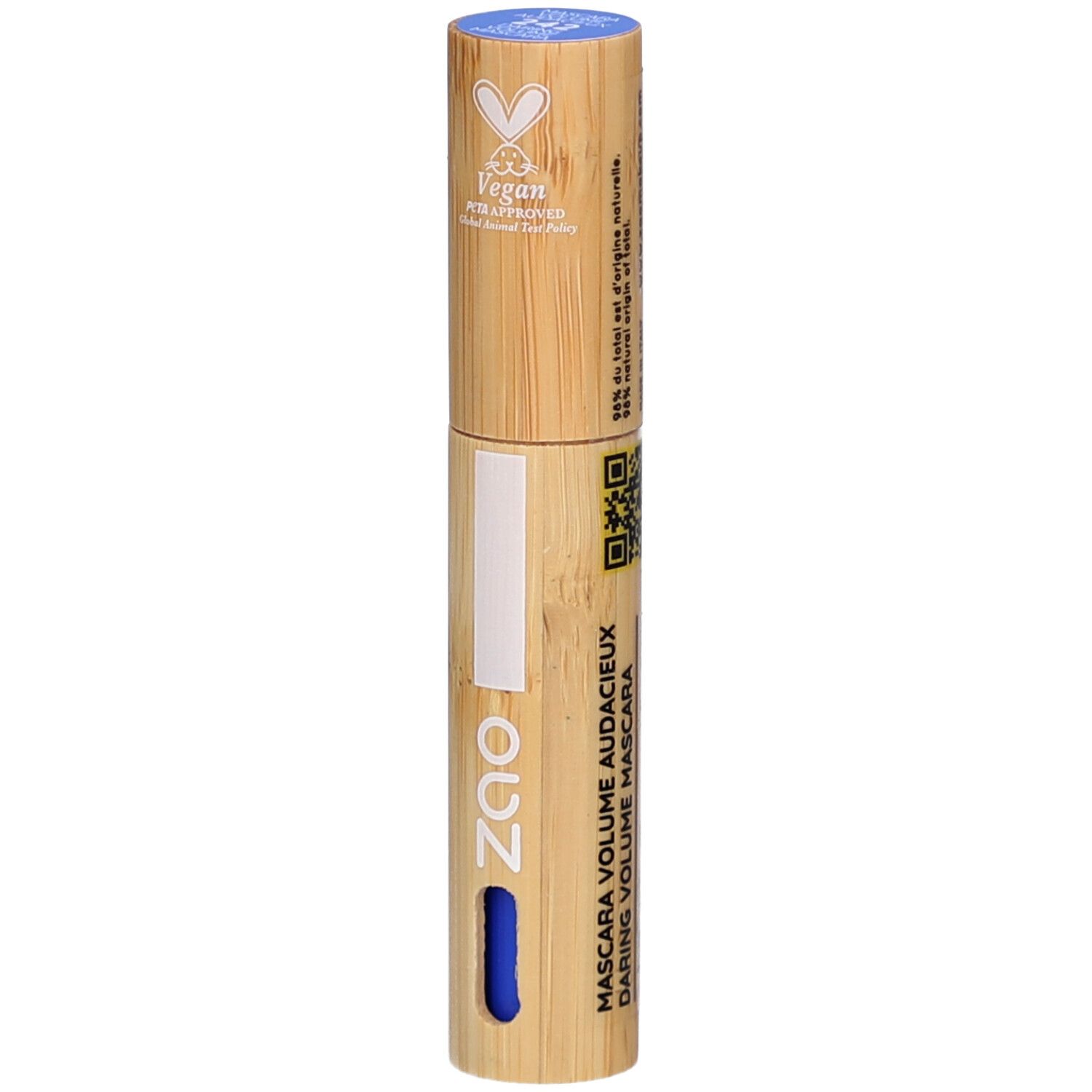 Cilindrische mascarahuls van bamboe, blauwe dop, blauw detail. Tekst: Mascara Volume Audacieux.