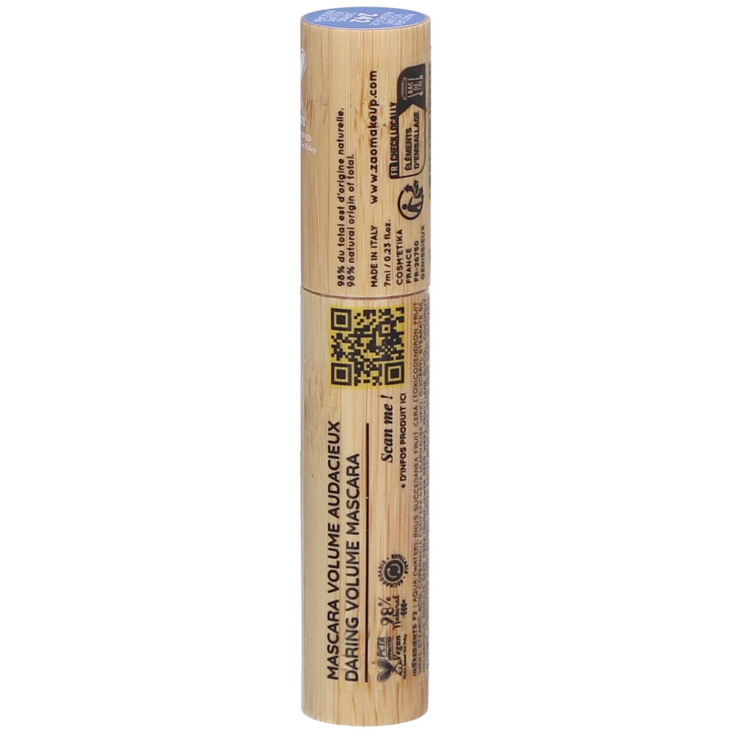Cilindrische mascarahuls van bamboe, blauwe dop. Tekst: Mascara Volume Audacieux. QR-code.