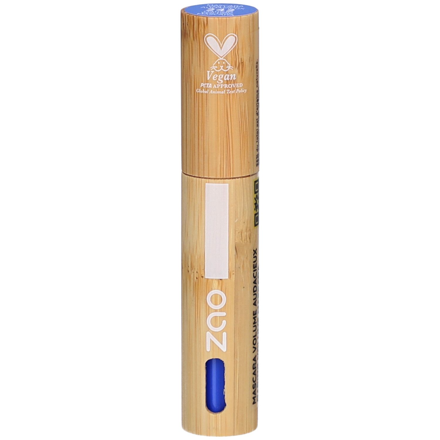 Cilindrische mascarahuls van bamboe, blauwe dop, blauw detail. Tekst: Mascara Volume Audacieux.