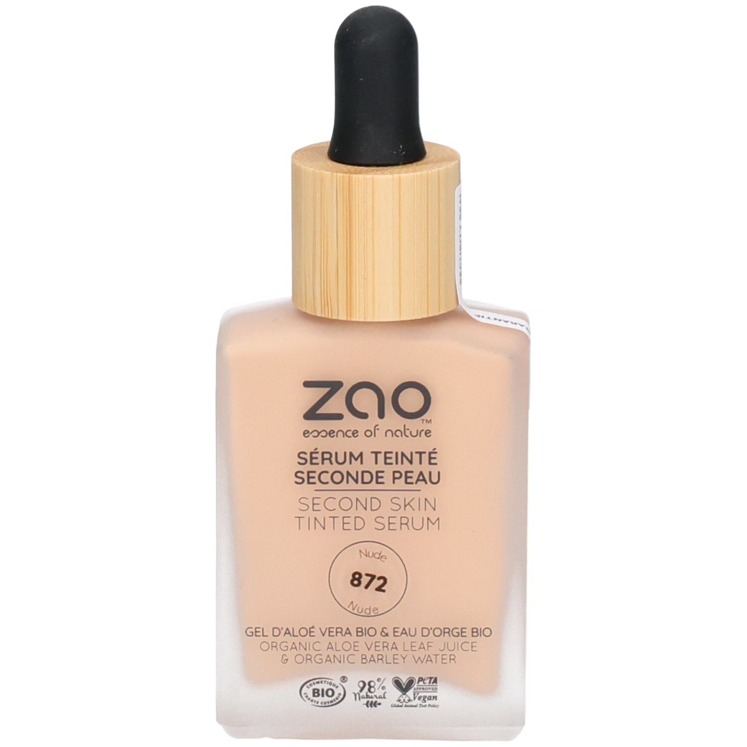 Flesje ZAO Sérum teinté seconde peau 872 Nude. Houten dop, pipet. Opschrift: Second Skin Tinted Serum.