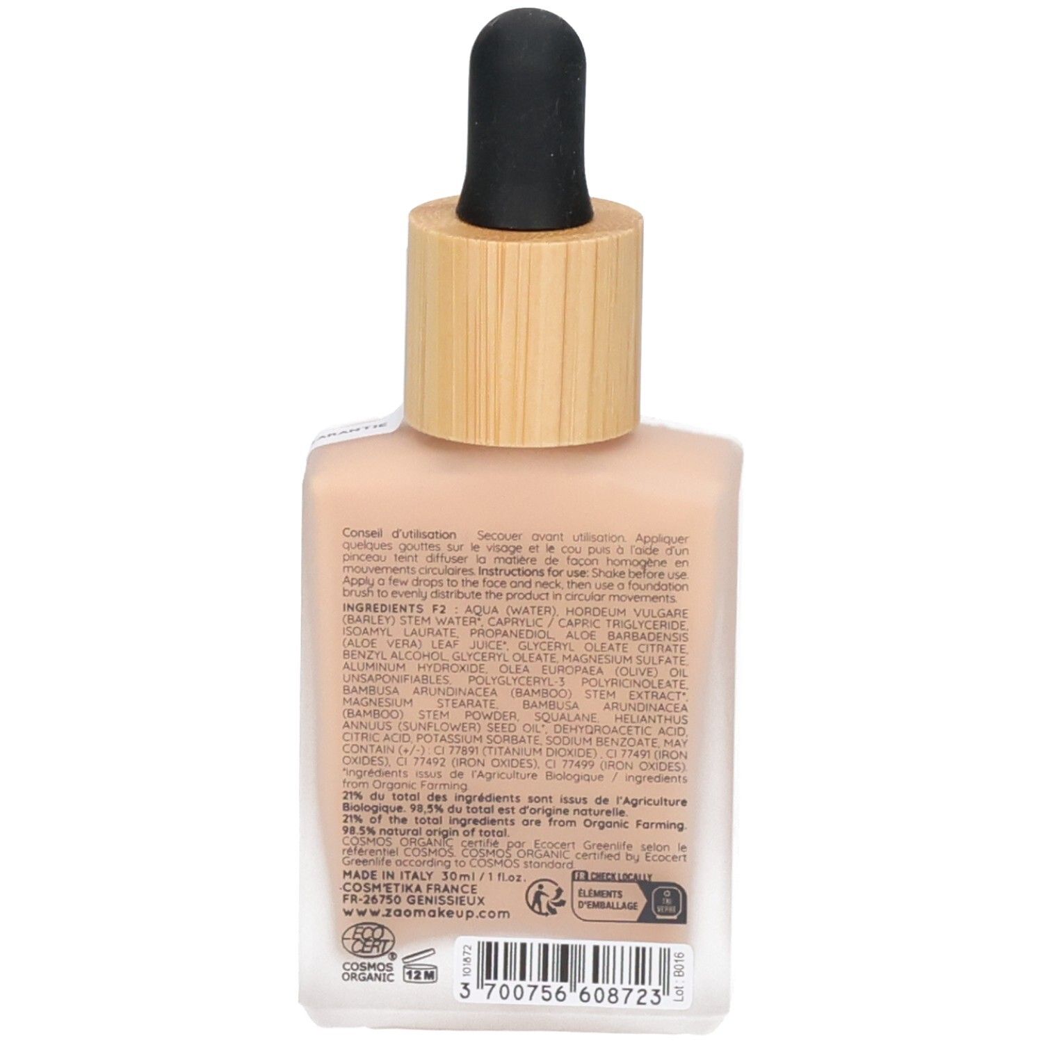 Achterkant van het flesje ZAO Sérum teinté seconde peau 872 Nude. Tekst met ingrediënten en herkomst. COSMOS ORGANIC-certificering.