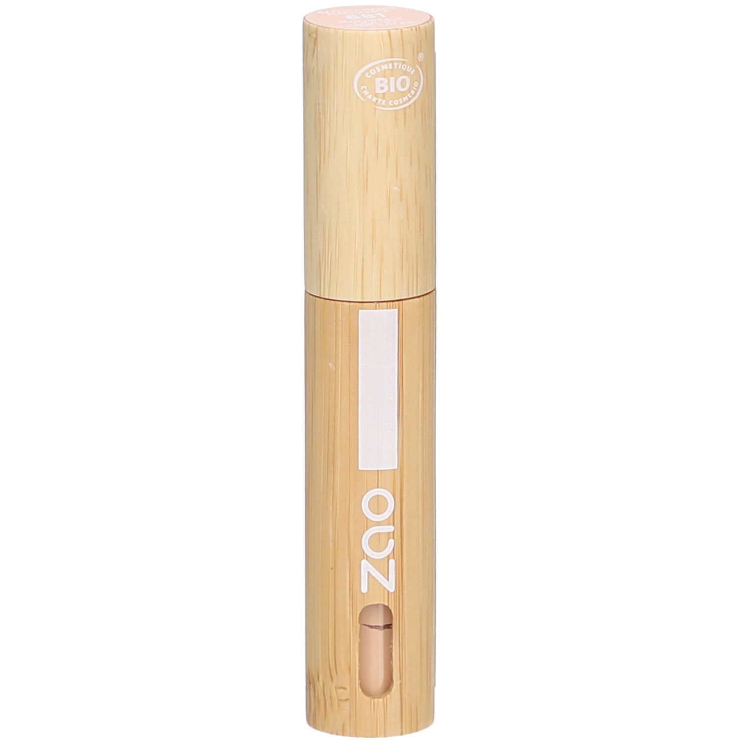 Concealer Zao. Contenant en bambou. Certification bio. Liquide clair visible. Vue verticale.