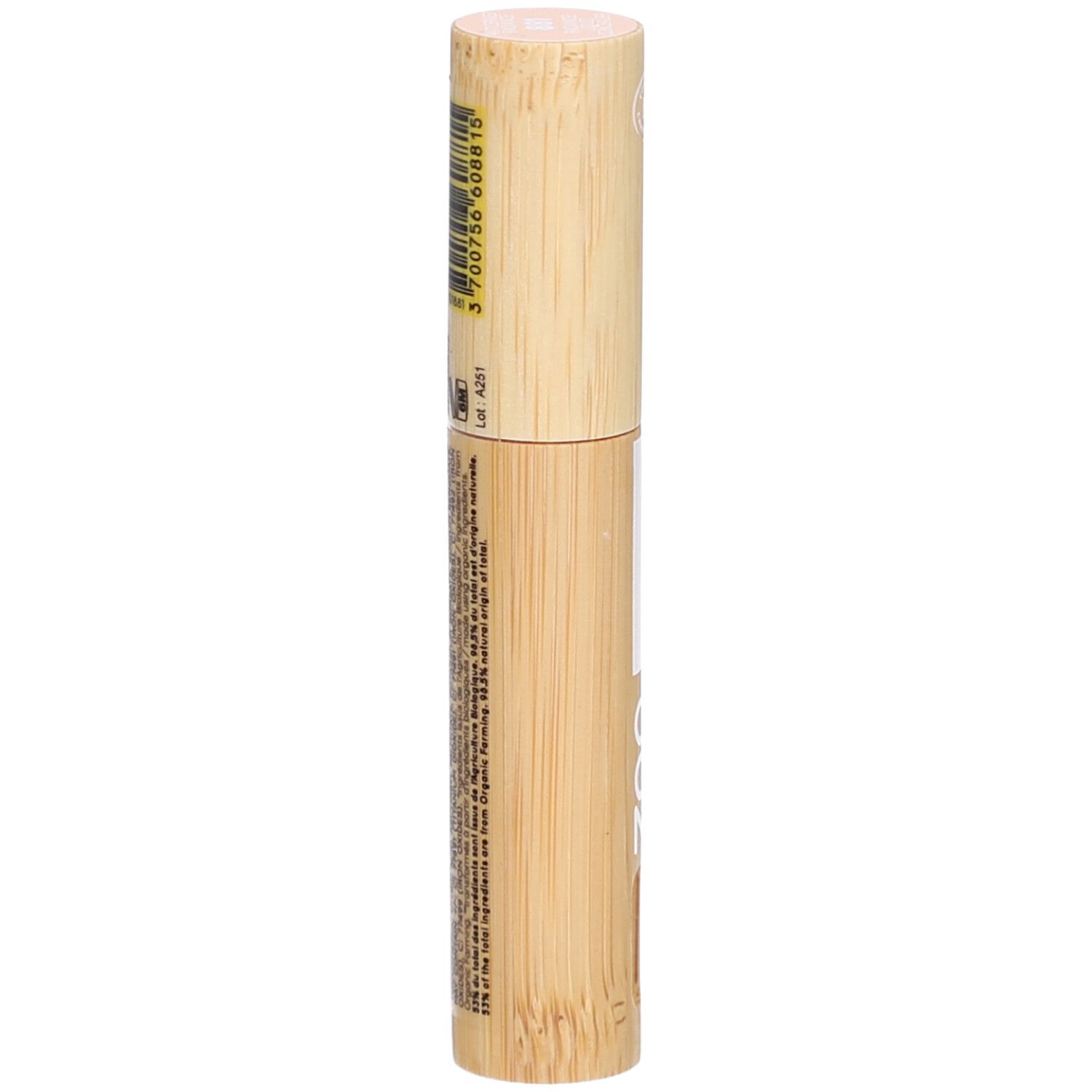 Concealer Zao. Contenant en bambou. Informations produit et code-barres. Vue latérale.