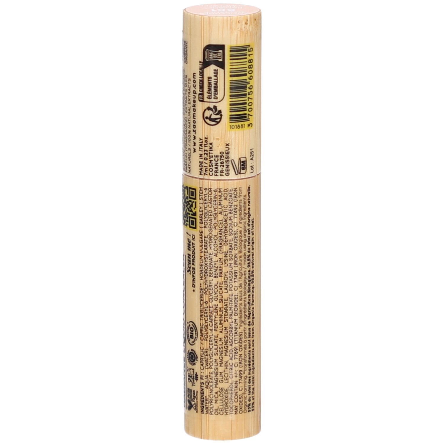 Concealer Zao. Contenant en bambou. Informations produit, QR code et code-barres. Vue latérale.