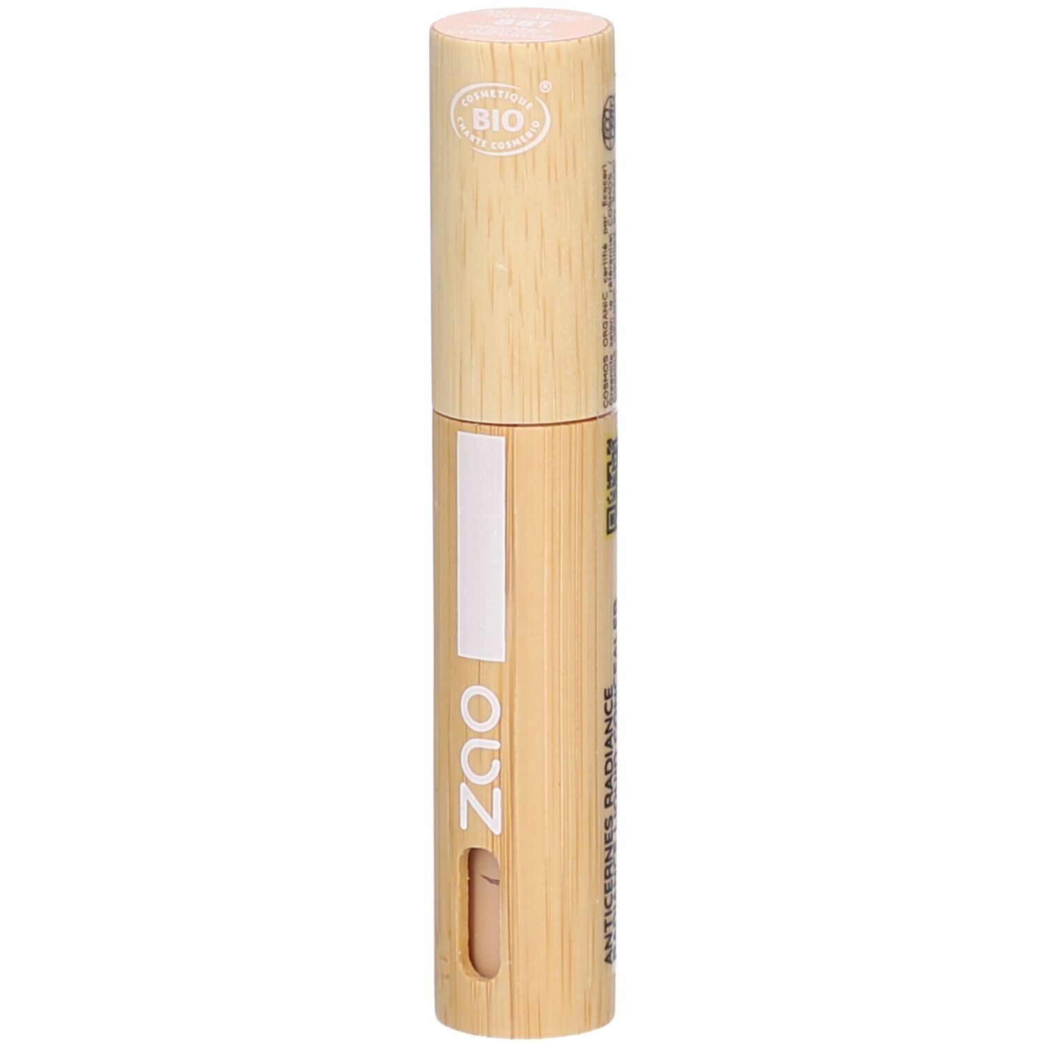 Concealer Zao. Contenant en bambou. Certification bio. Nom du produit: Anticernes Radiance. Vue verticale.