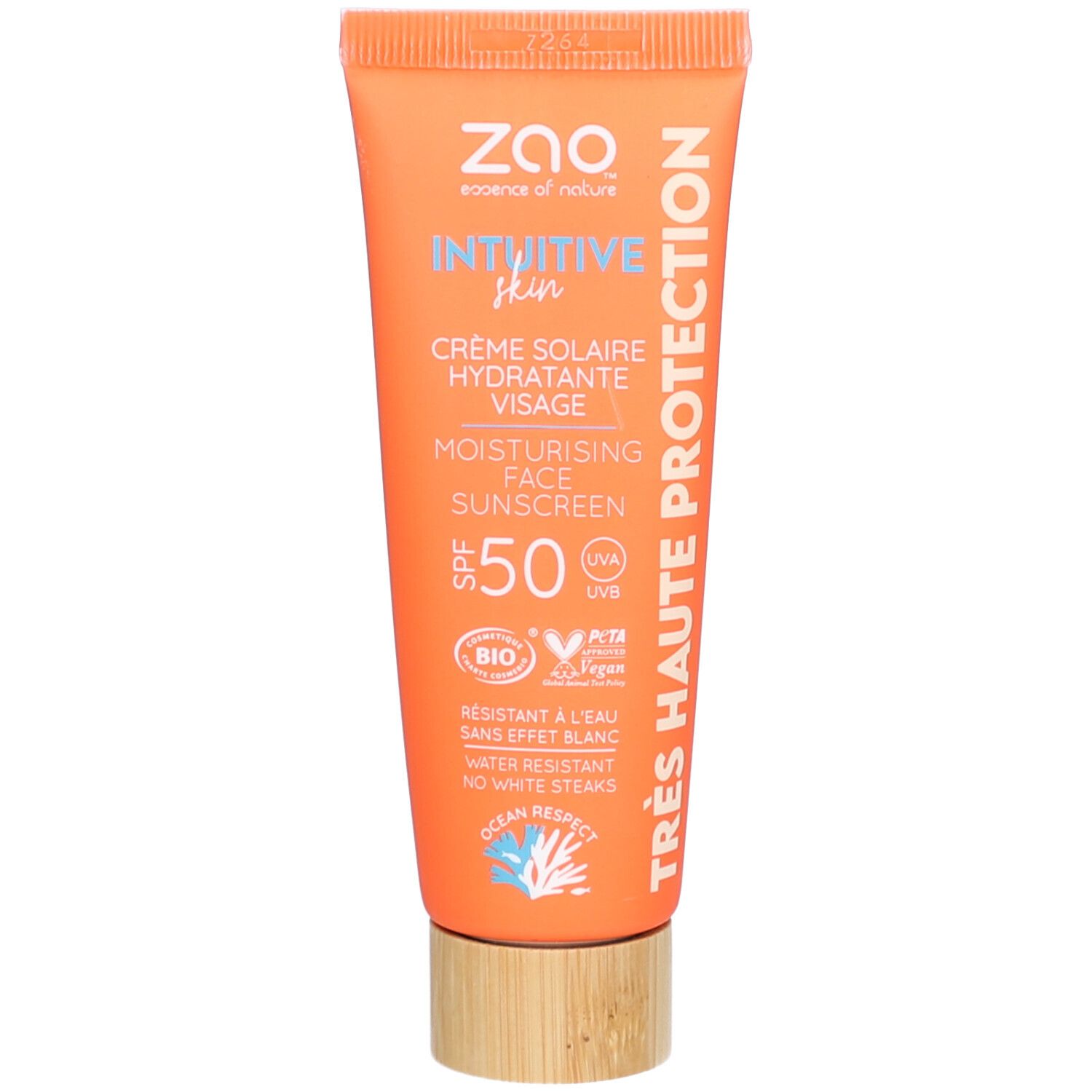 Oranje tube met productinfo. Tekst: ZAO, Crème solaire hydratante Visage SPF 50. Bio en Vegan certificering.