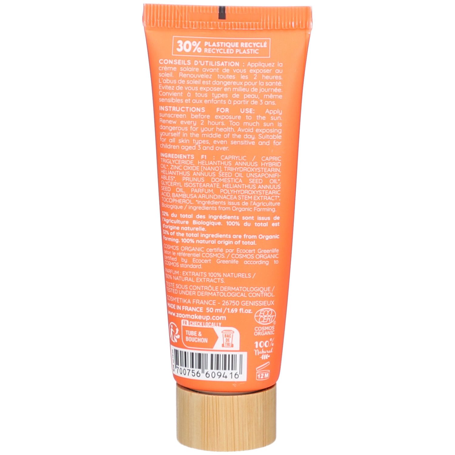 Achterkant tube. Tekst: gebruiksaanwijzing, ingrediënten. 30% gerecycled plastic. Bio certificering.