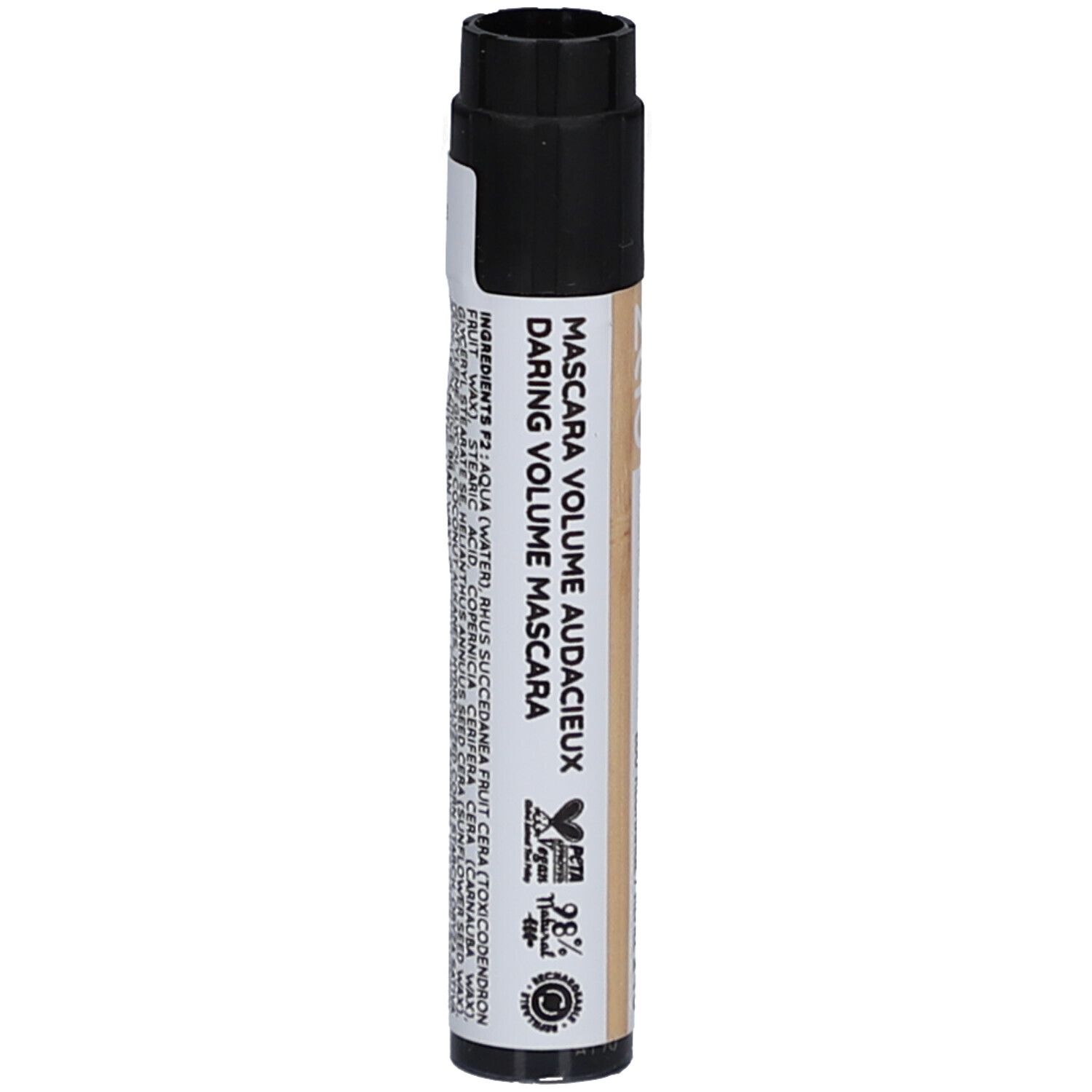 Cilindrische mascarahuls met zwarte dop. Opschrift: MASCARA VOLUME AUDAXIEUX DARING VOLUME MASCARA. PETA-logo.