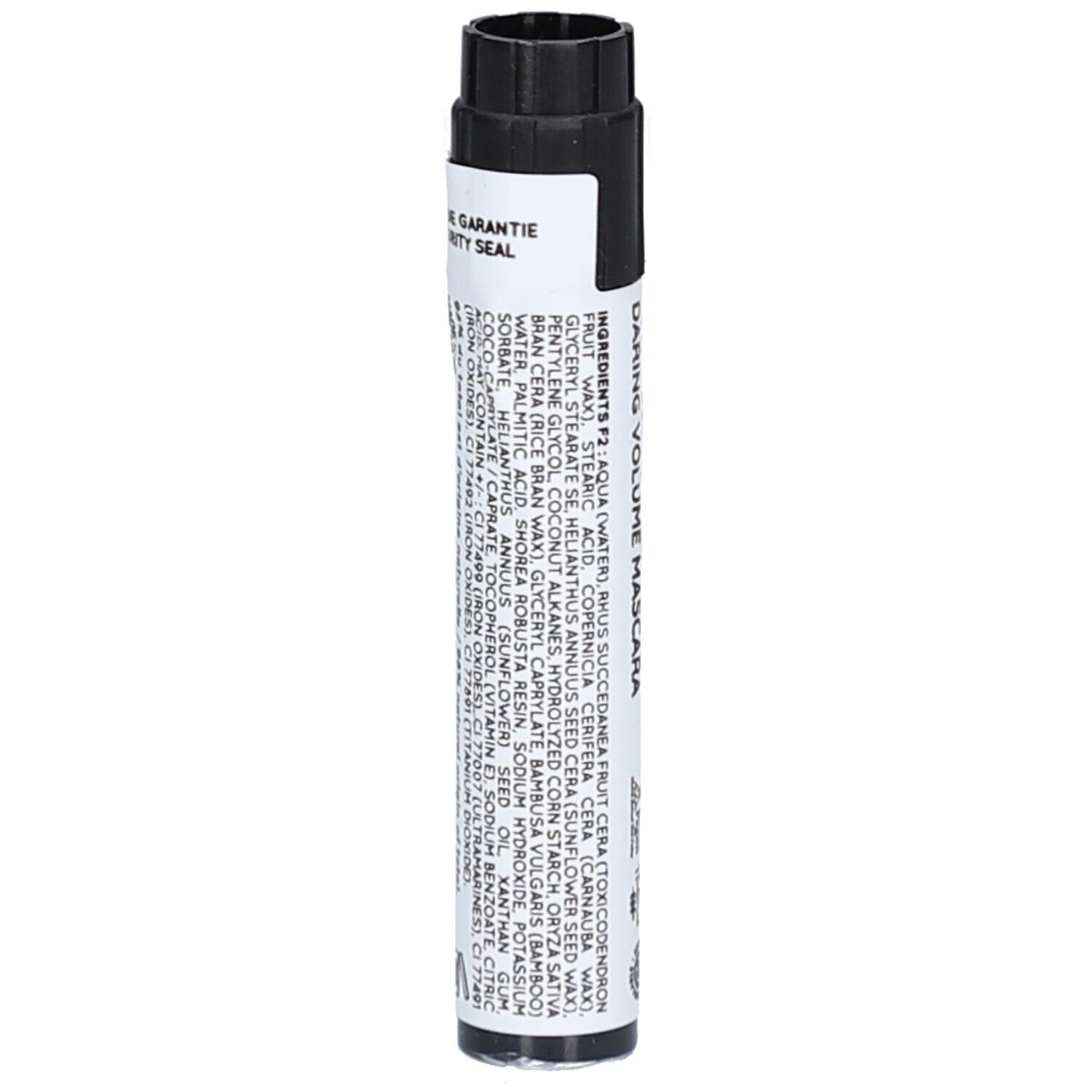 Cilindrische mascarahuls met zwarte dop. Opschrift: DARING VOLUME MASCARA. Ingrediënten. Garantiezegel.