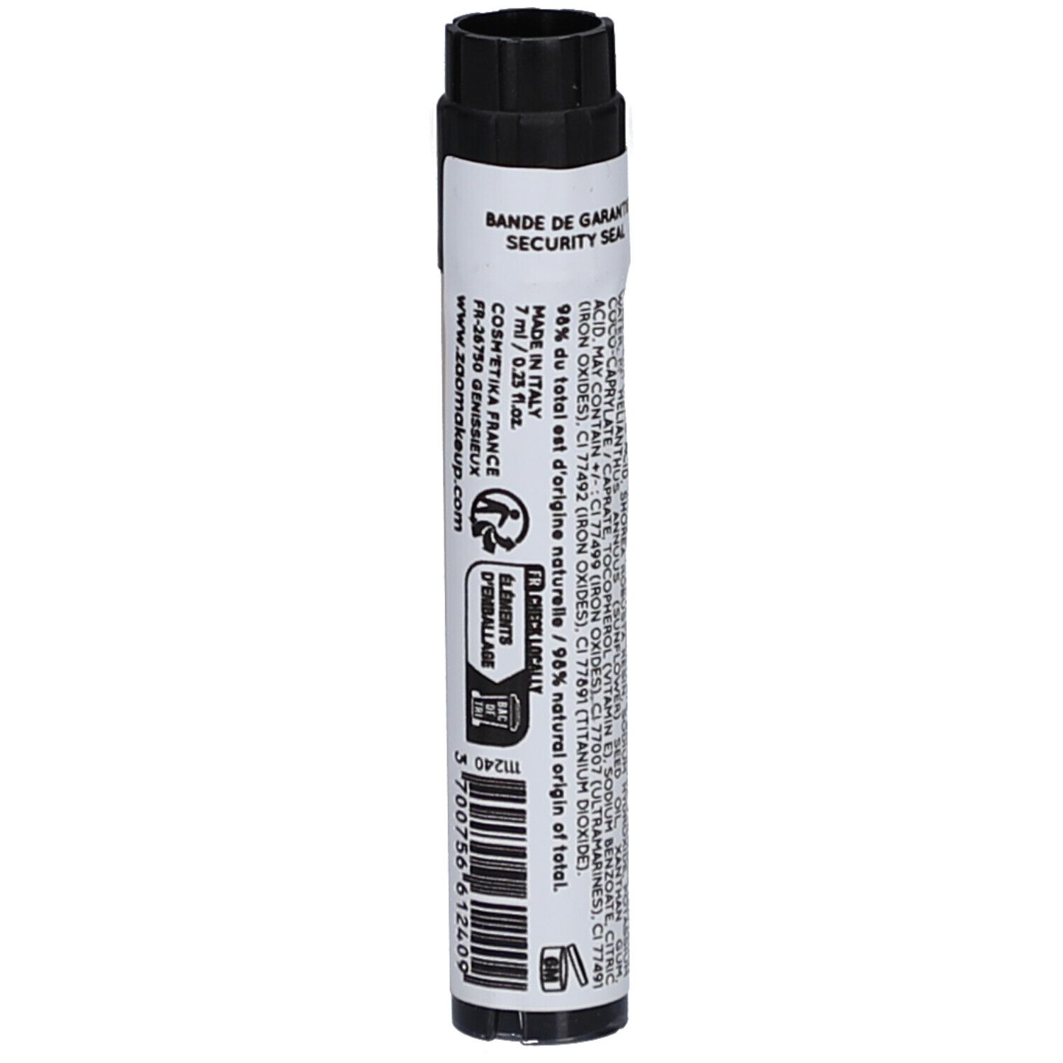 Cilindrische mascarahuls met zwarte dop. Opschrift: BANDE DE GARANTIE SECURITY SEAL. 7 ml / 0,23 fl.oz.