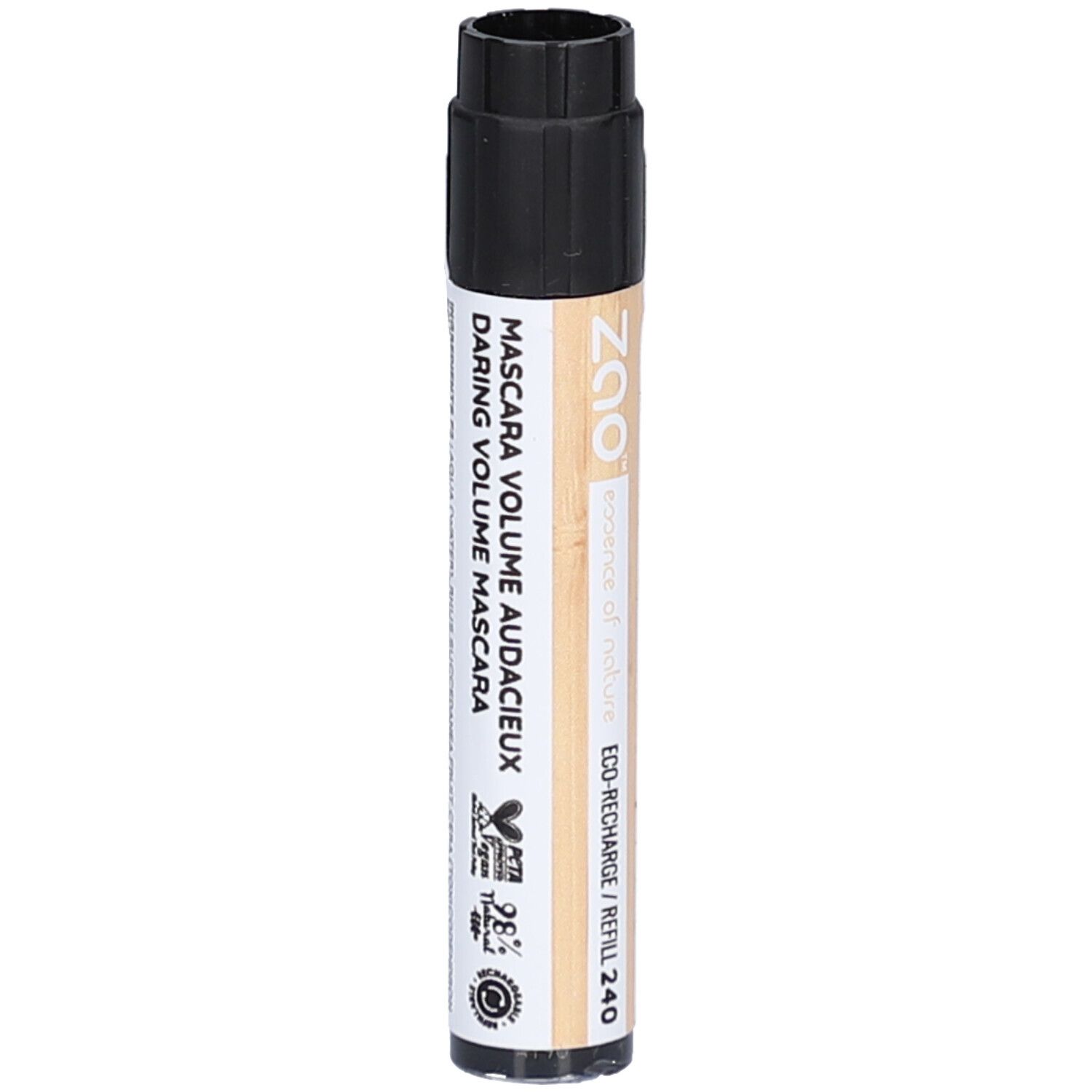 Cilindrische mascarahuls met zwarte dop. Opschrift: MASCARA VOLUME AUDAXIEUX DARING VOLUME MASCARA. ZAO-logo.