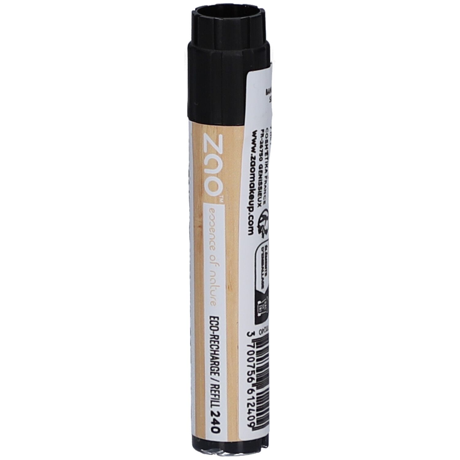 Cilindrische mascarahuls met zwarte dop. Opschrift: www.zaomakeup.com. ECO-RECHARGE / REFILL 240. Streepjescode.