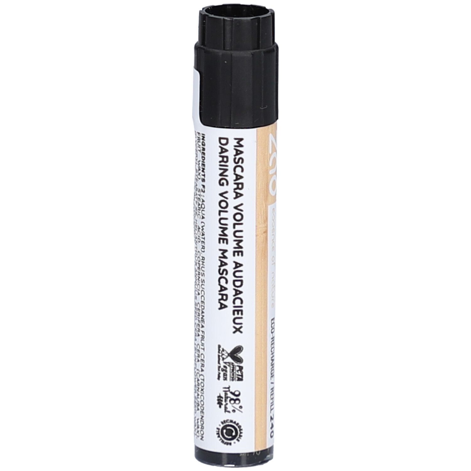 Cilindrische mascarahuls met zwarte dop. Opschrift: MASCARA VOLUME AUDAXIEUX DARING VOLUME MASCARA. PETA-logo. ZAO-logo.