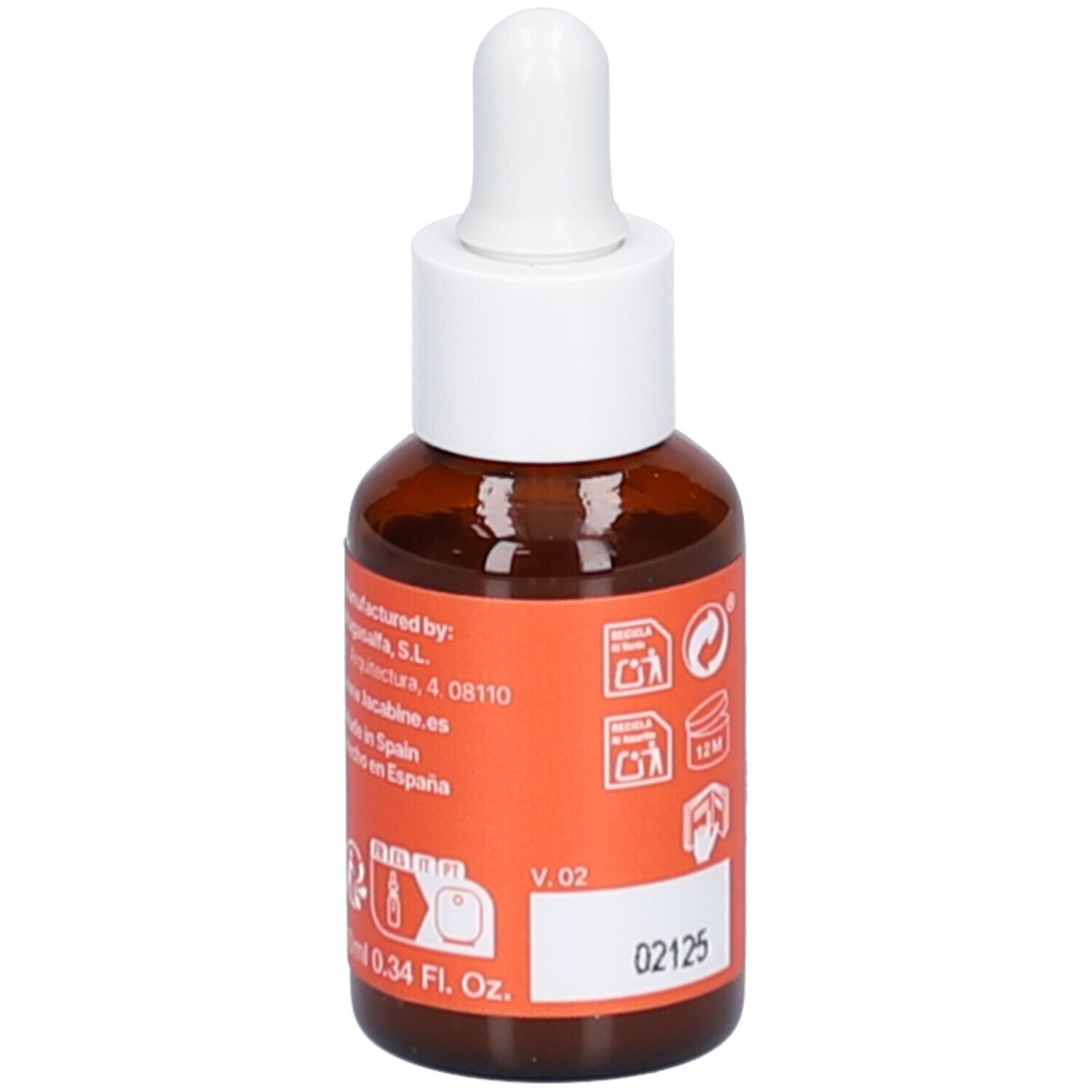 Bruine glazen fles met witte druppelaar. Oranje etiket met tekst en symbolen. Productnaam niet zichtbaar.