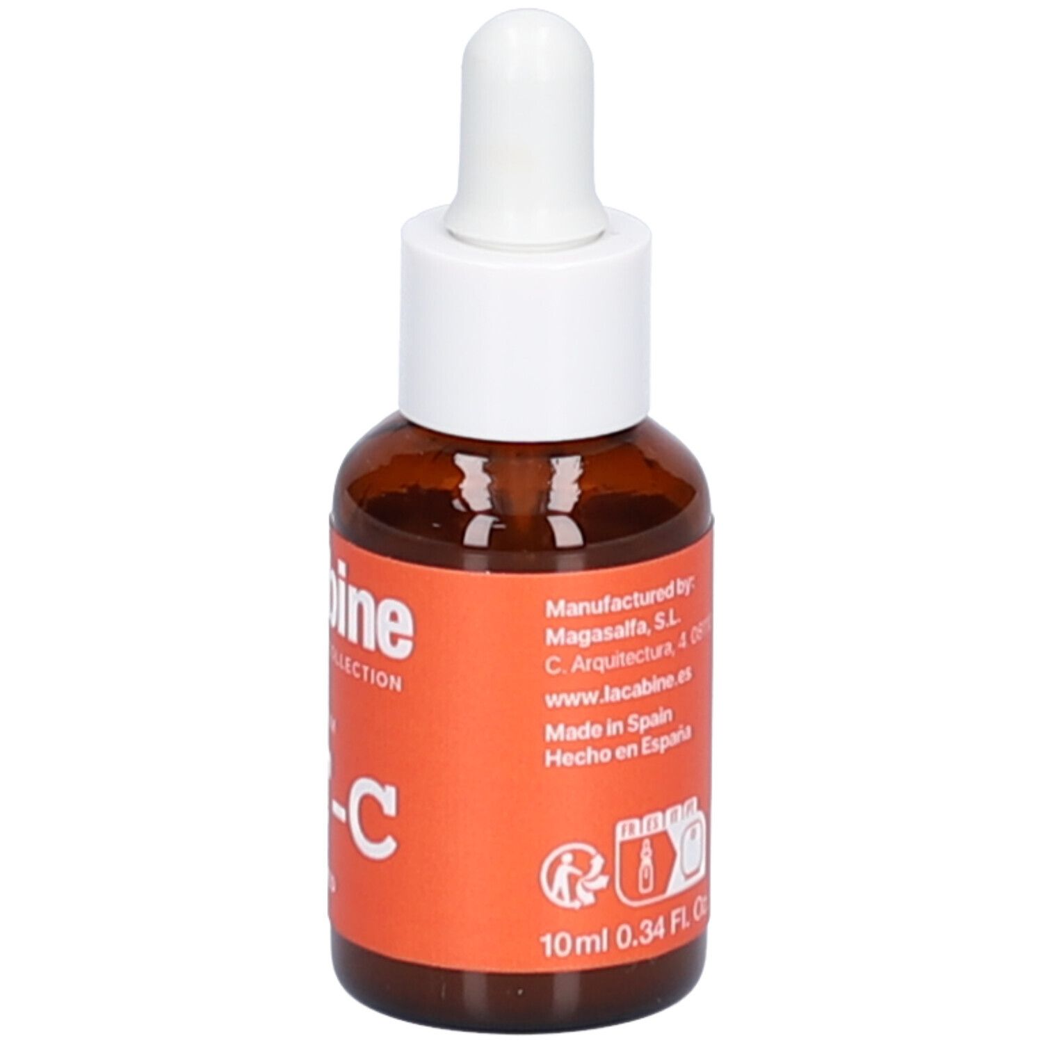 Bruine glazen fles met witte druppelaar. Oranje etiket met tekst. Productnaam gedeeltelijk zichtbaar.