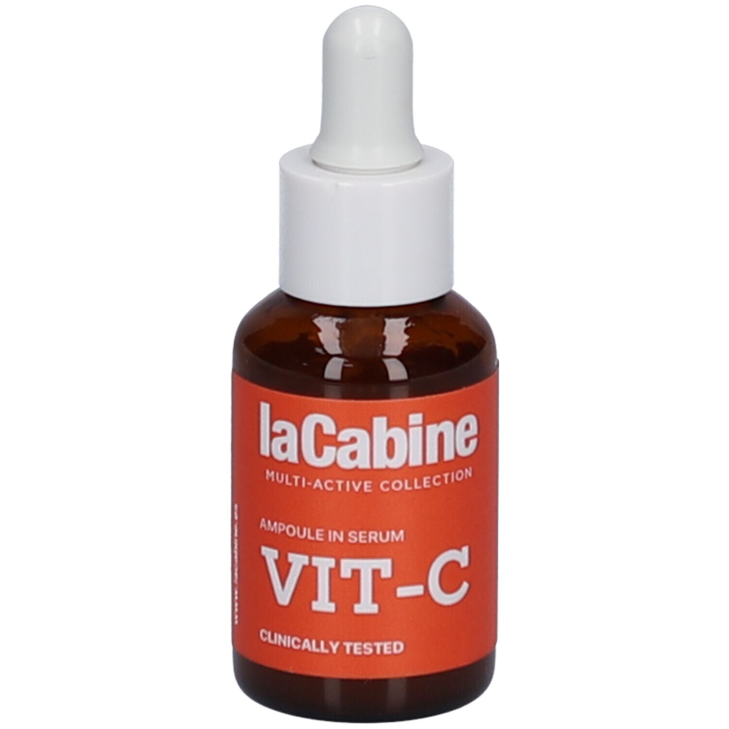 Bruine glazen fles met witte druppelaar. Oranje etiket met tekst. Productnaam: laCabine VIT-C.