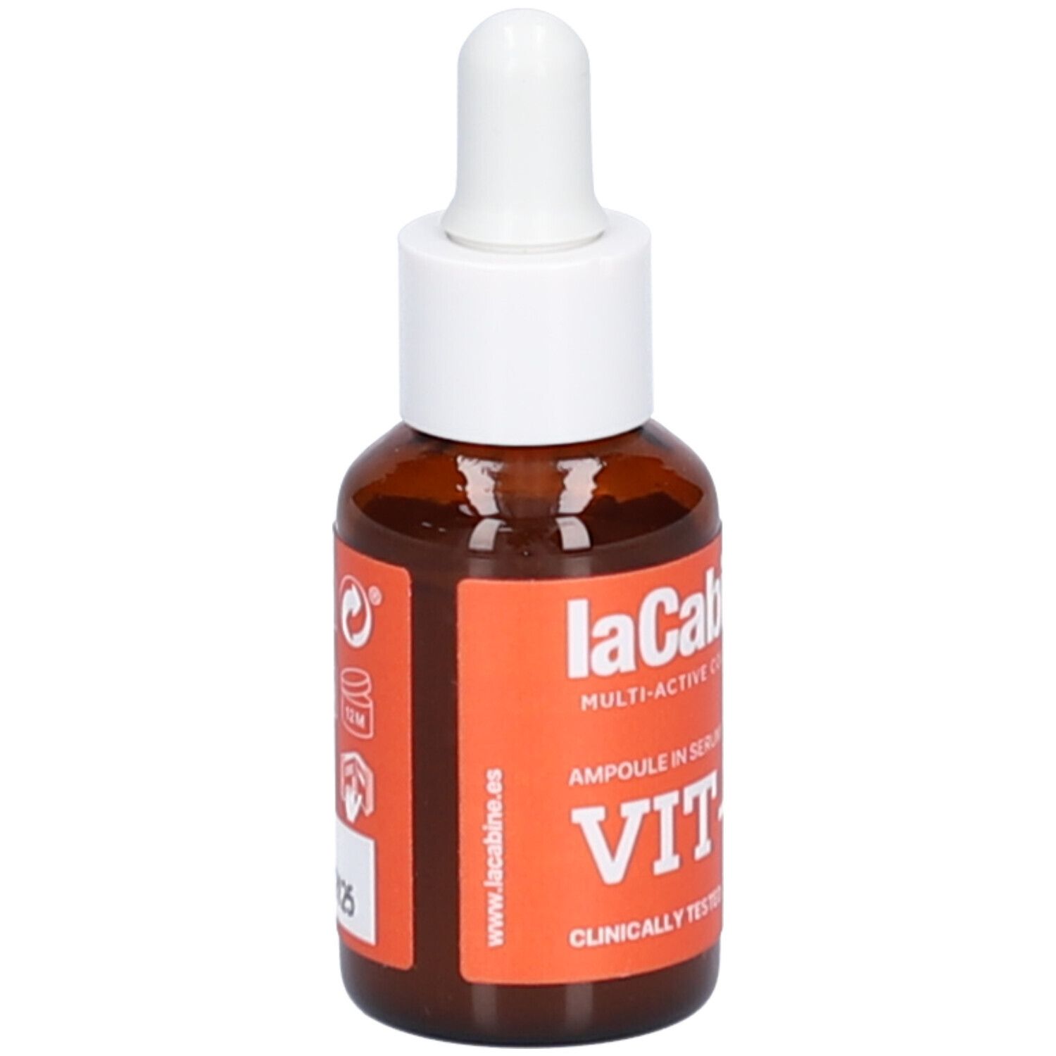 Bruine glazen fles met witte druppelaar. Oranje etiket met tekst en symbolen. Productnaam: laCabine VIT-C.