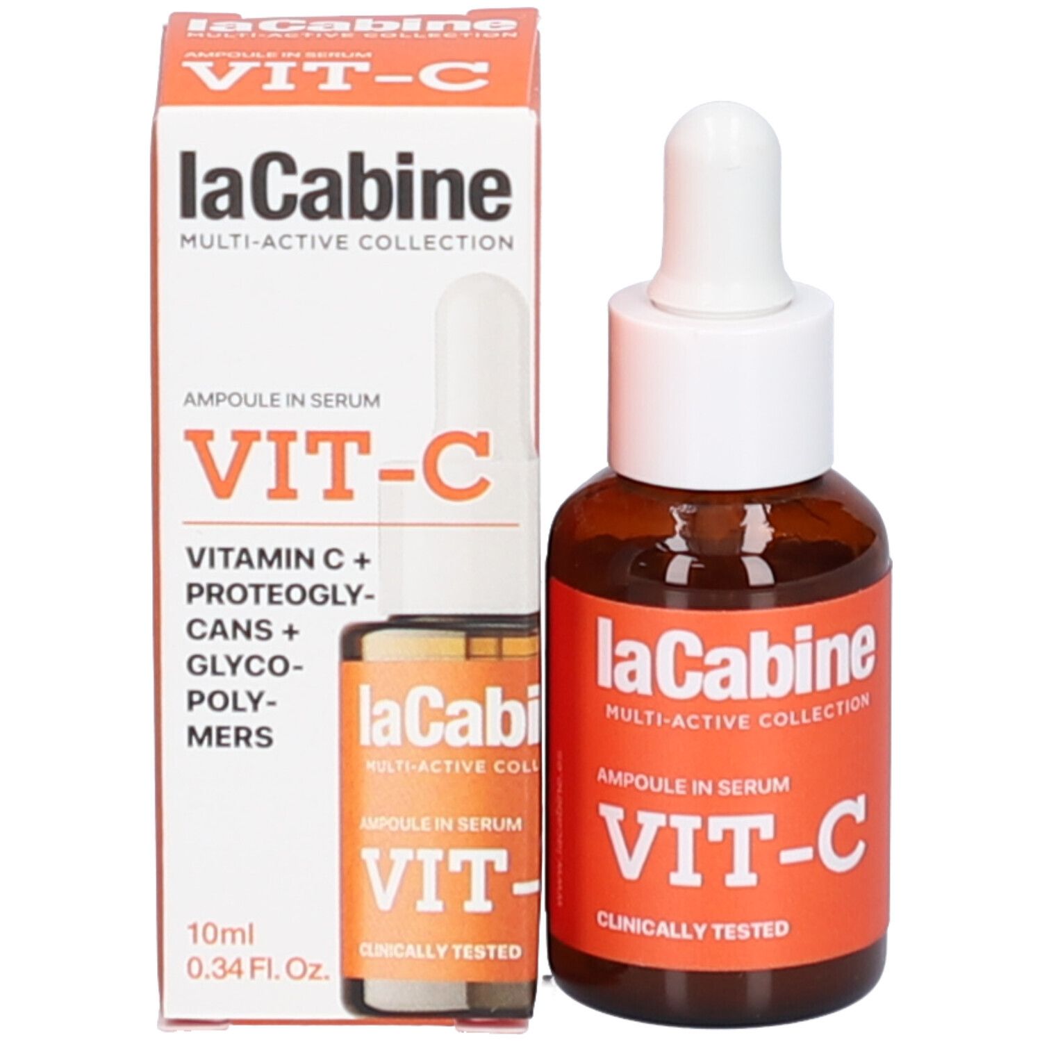 Productverpakking met fles en doos. Fles met witte druppelaar. Doos met productnaam: laCabine VIT-C.