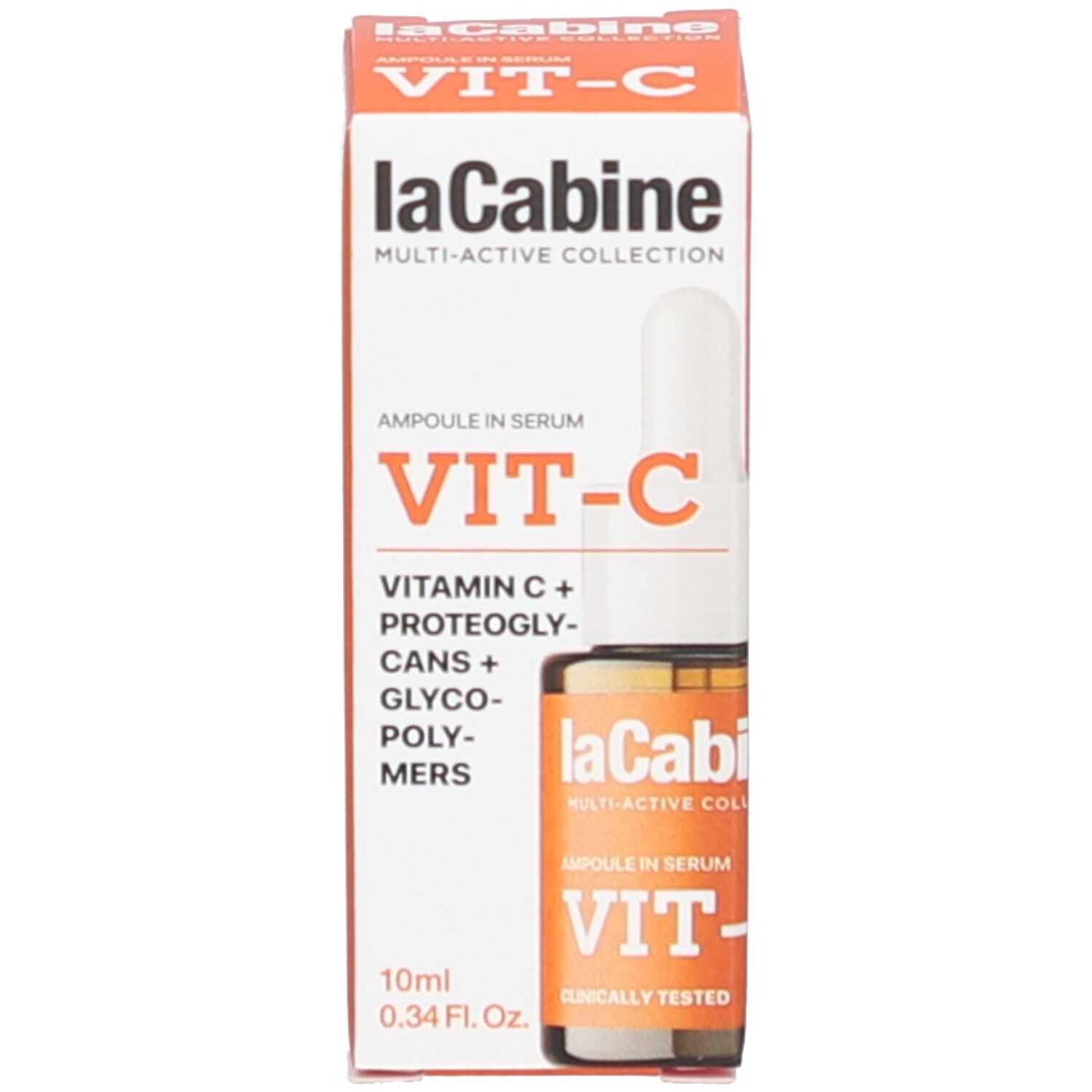 Productverpakking met doos. Doos met productnaam: laCabine VIT-C. Fles niet zichtbaar.