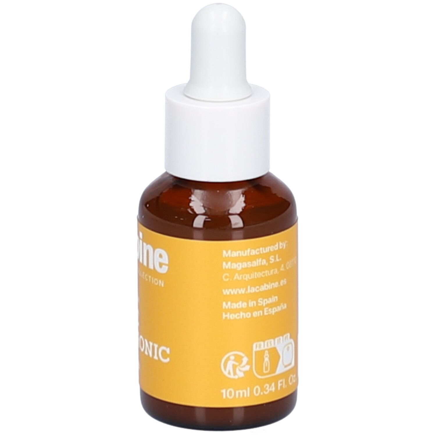 Bruine glazen fles met witte druppelaar. Geel etiket met tekst. Volume: 10ml. Merk: laCabine.