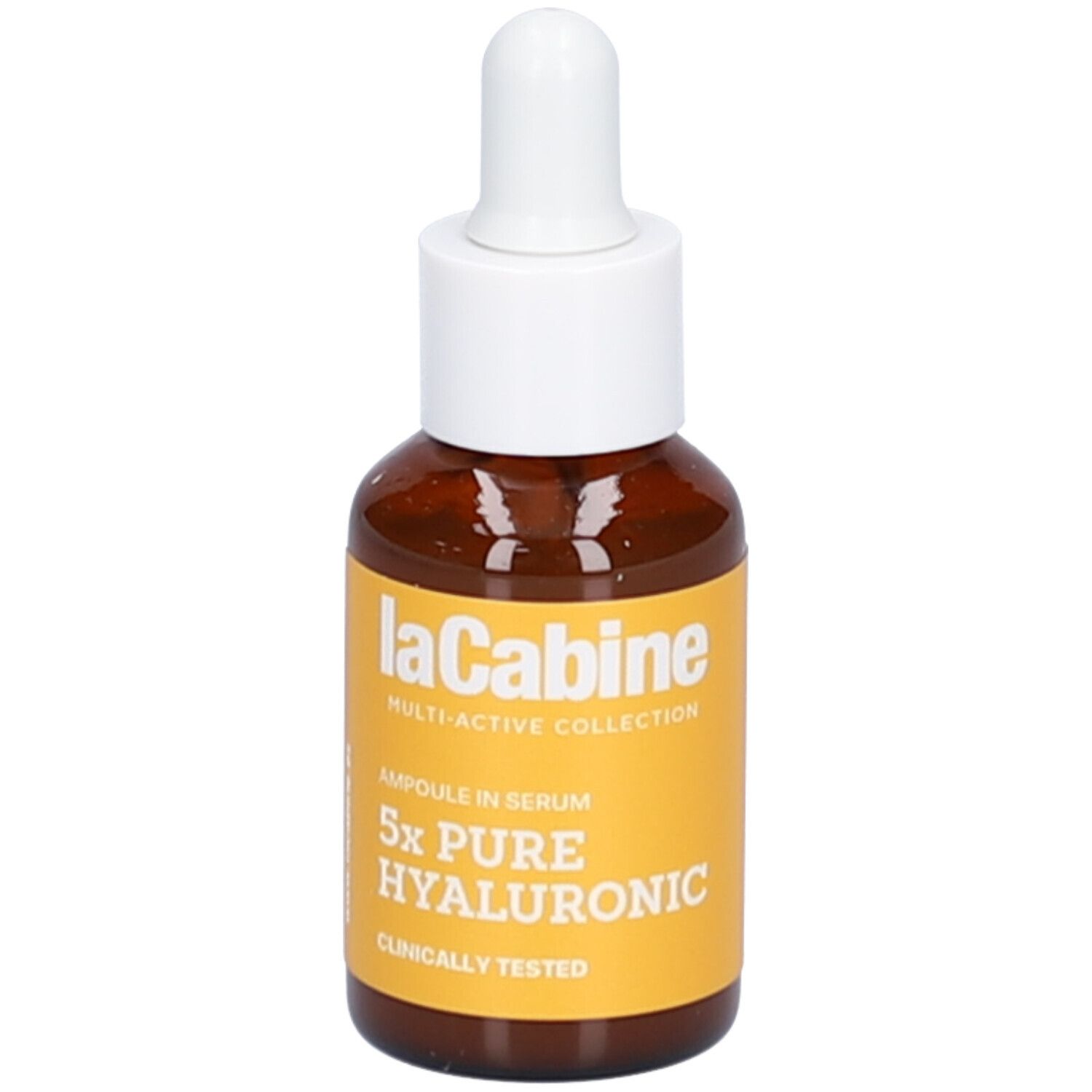 Bruine glazen fles met witte druppelaar. Geel etiket met tekst. Merk: laCabine. Product: serum.