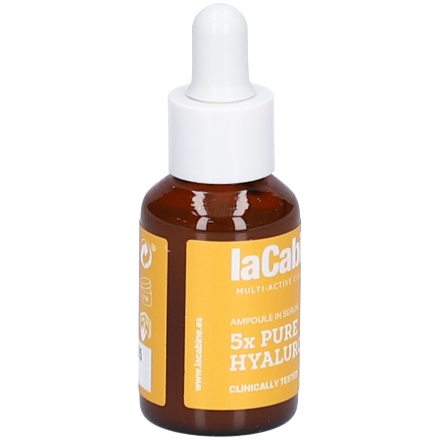 Bruine glazen fles met witte druppelaar. Geel etiket met tekst. Merk: laCabine. Product: serum.