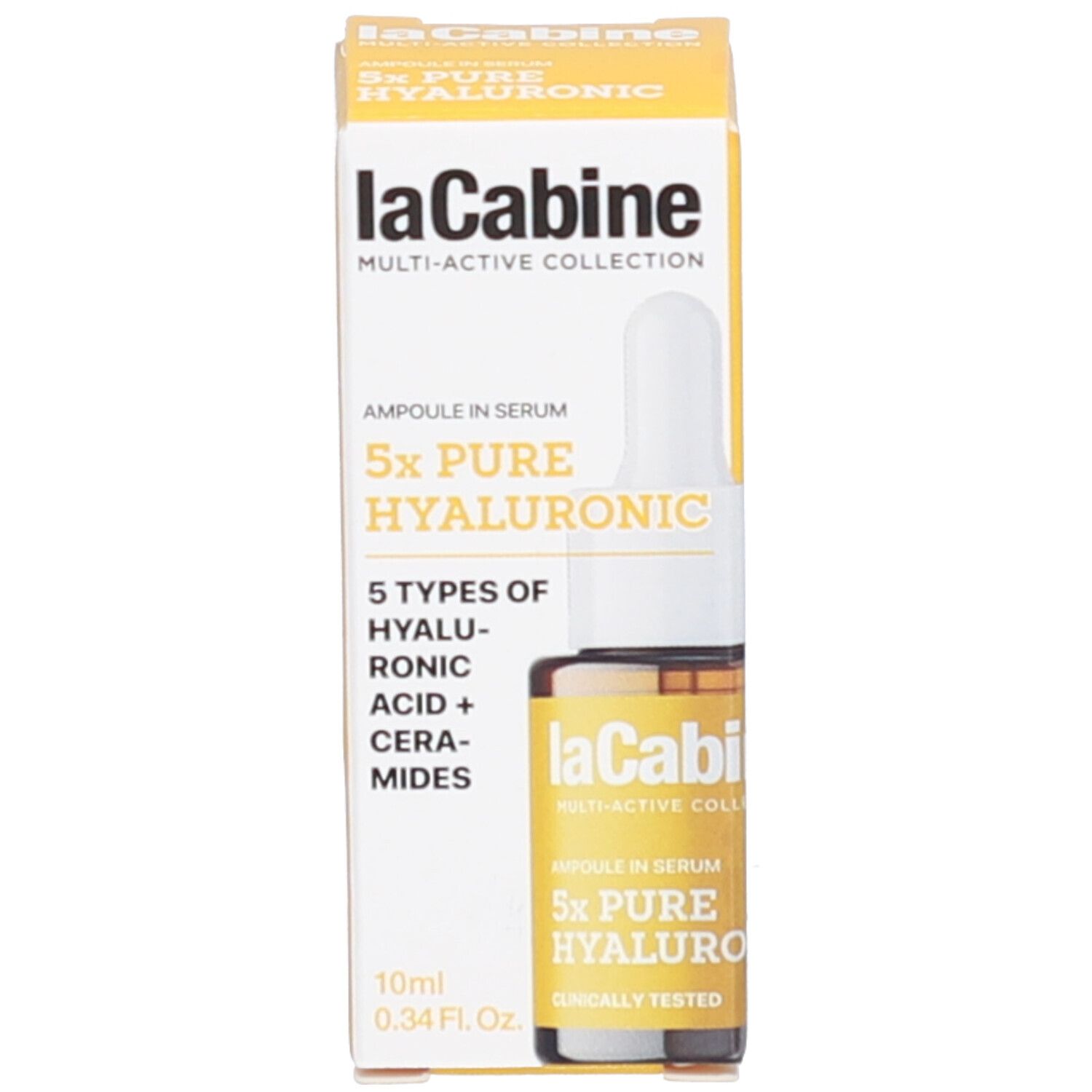 Productverpakking met doos en fles. Doos: geel, tekst. Fles: bruin, druppelaar. Merk: laCabine.
