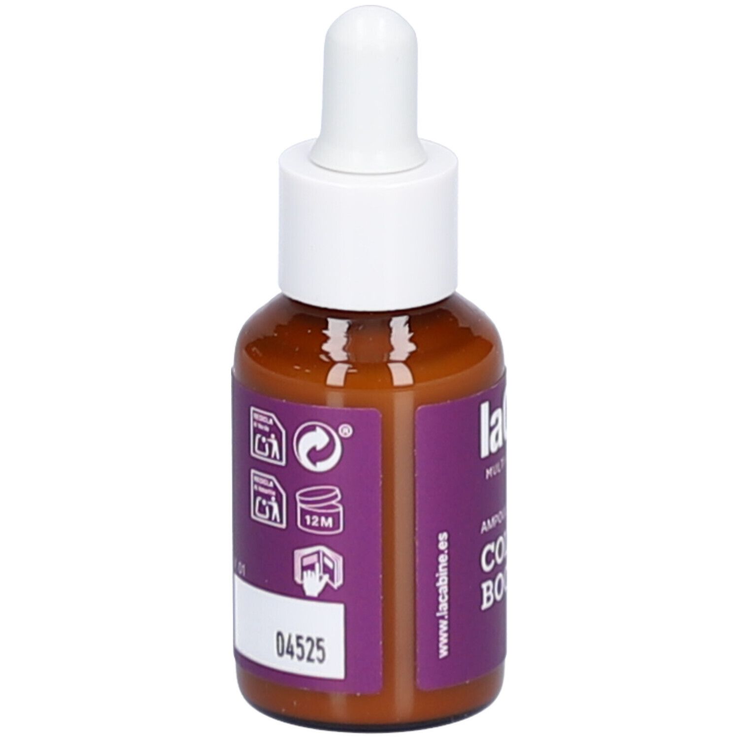 Flacon en verre brun avec compte-gouttes blanc. Étiquette violette avec texte et symboles. Nom du produit: COLLAGEN BOOST.