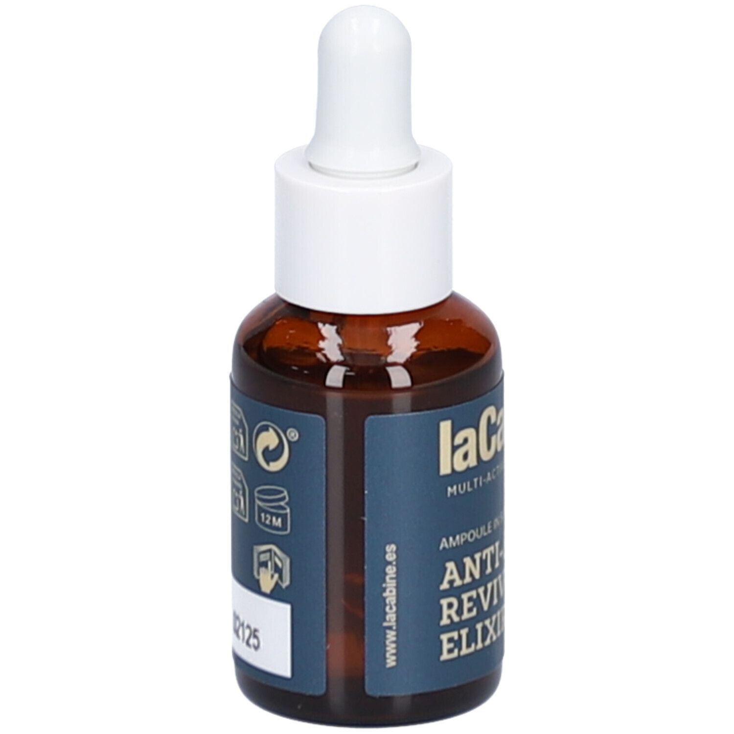 Bruine glazen fles met witte druppelaar. Blauwe etiketten met productinformatie en logo. Zichtbare tekst: laCabine, Anti-Aging Reviving Elixir.