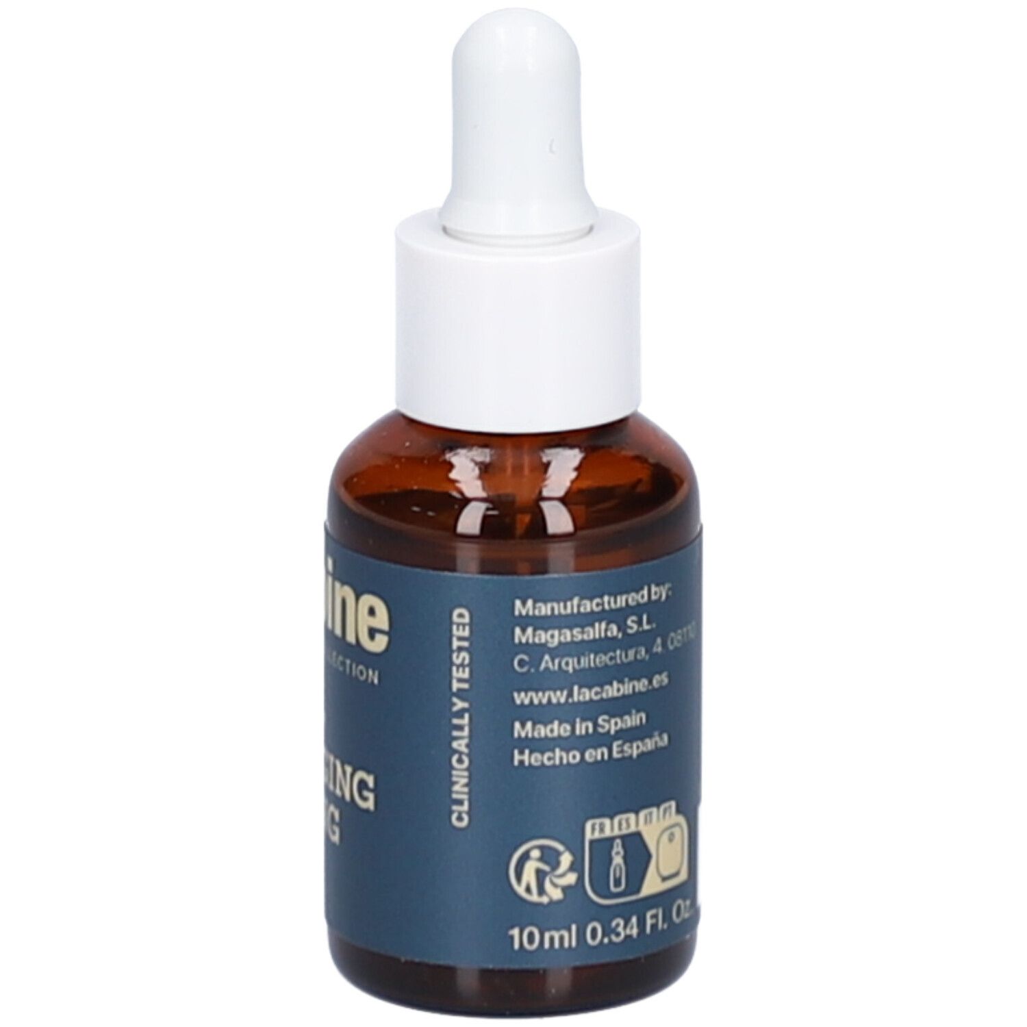 Bruine glazen fles met witte druppelaar. Blauw etiket met productinformatie. Zichtbare tekst: 10ml 0.34 Fl. Oz., Clinically Tested, fabrikant informatie.