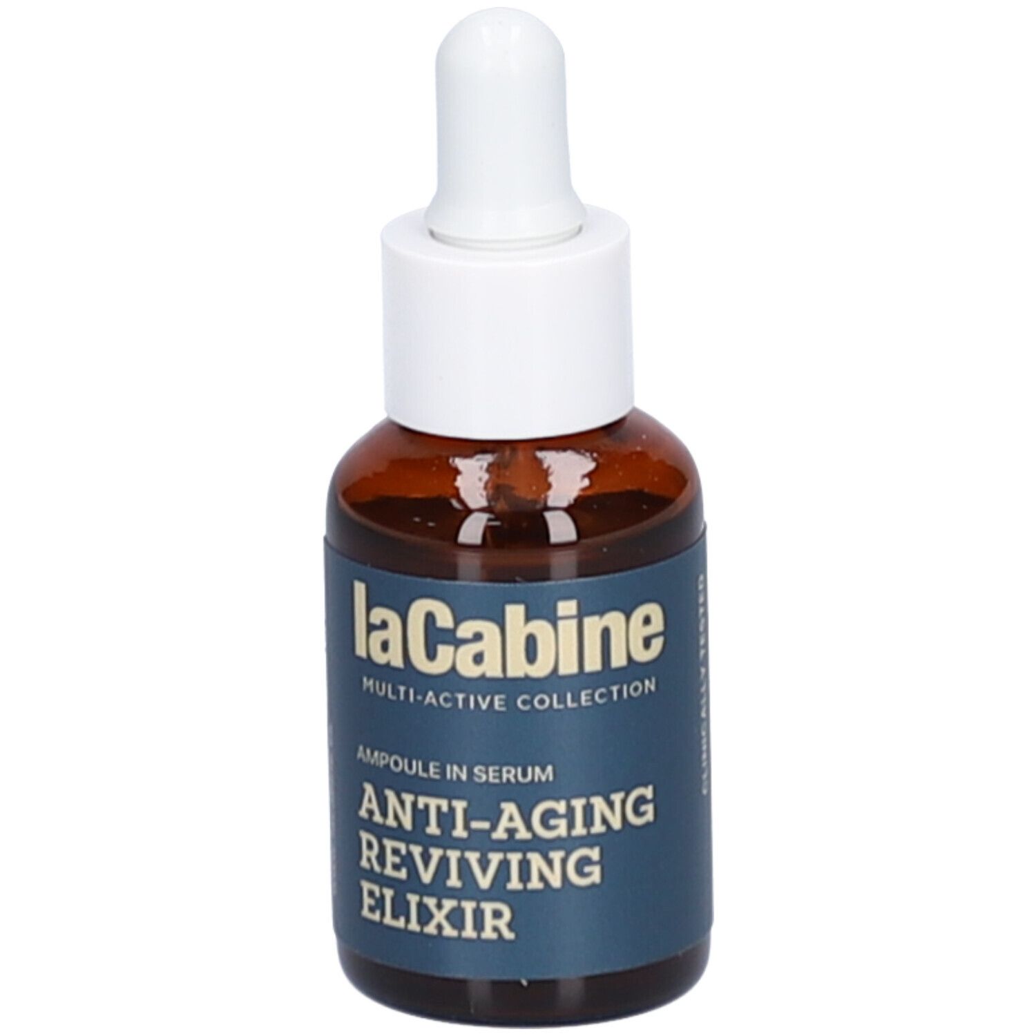 Bruine glazen fles met witte druppelaar. Blauw etiket met productinformatie. Zichtbare tekst: laCabine, Anti-Aging Reviving Elixir, Ampoule in Serum.