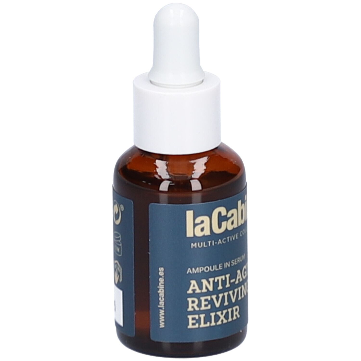 Bruine glazen fles met witte druppelaar. Blauw etiket met productinformatie. Zichtbare tekst: laCabine, Anti-Aging Reviving Elixir, Ampoule in Serum.