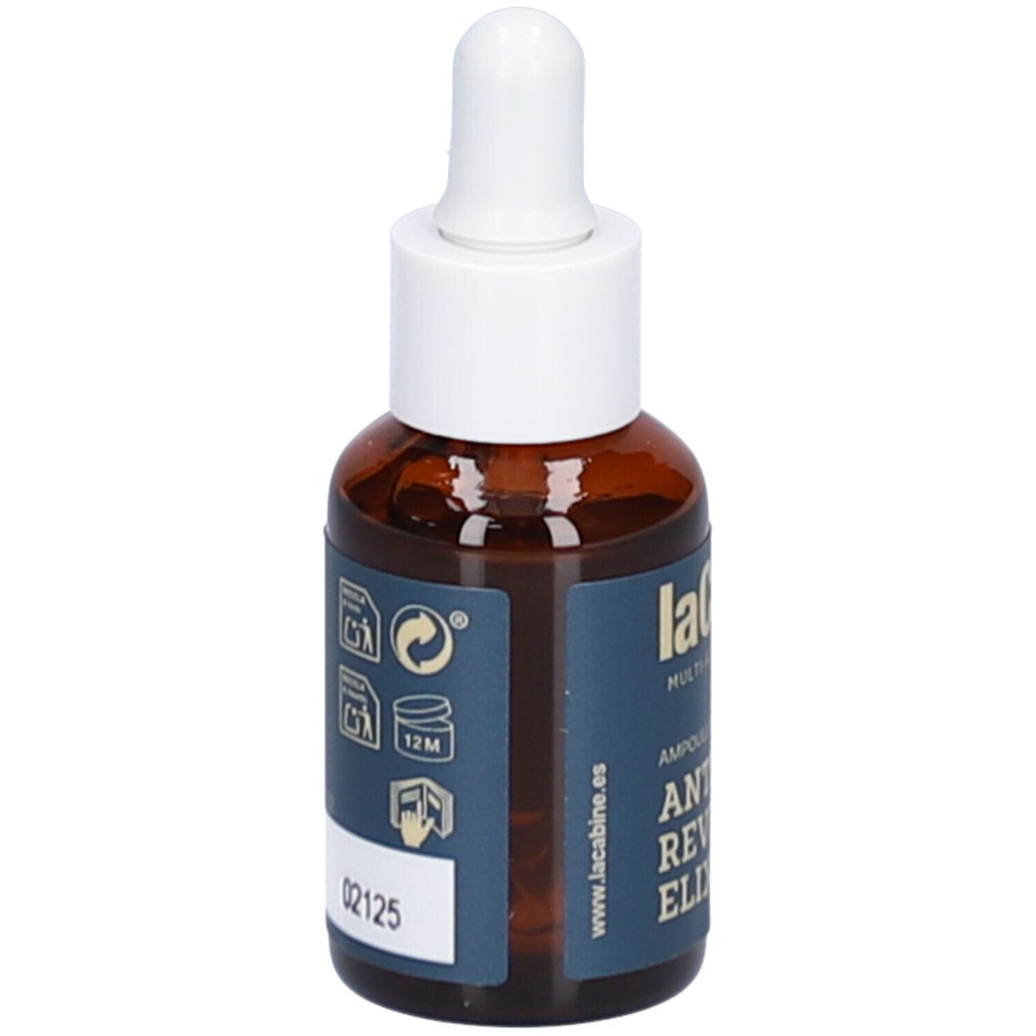Bruine glazen fles met witte druppelaar. Blauw etiket met productinformatie. Zichtbare tekst: 02125, laCabine, Anti-Aging Reviving Elixir, 12M.